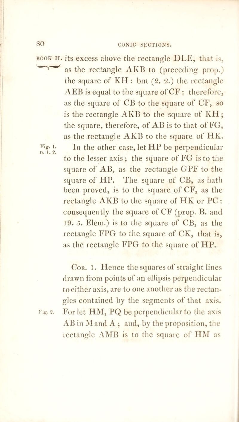book ii. its excess above the rectangle 13LE, that is, as the rectangle AKB to (preceding prop.) the square of KH : but (2. 2.) the rectangle AEB is equal to the square of CF : therefore, as the square of CB to the square of CF, so is the rectangle AKB to the square of KH; the square, therefore, of AB is to that of FG, as the rectangle AKB to the square of HK. Fig-1' In the other case, let HP be perpendicular to the lesser axis ; the square of FG is to the square of AB, as the rectangle GFF to the square of HP. The square of CB, as hath been proved, is to the square of CF, as the rectangle AKB to the square of HK or PC: consequently the square of CF (prop. B. and 19. 5. Elem.) is to the square of CB, as the rectangle FPG to the square of CK, that is, as the rectangle FPG to the square of HP. Cor. 1. Hence the squares of straight lines drawn from points of an ellipsis perpendicular to either axis, are to one another as the rectan¬ gles contained by the segments of that axis. i'ig. 2. For let HM, PQ be perpendicular to the axis AB in M and A ; and, by the proposition, the rectangle AMB is to the square of HM as