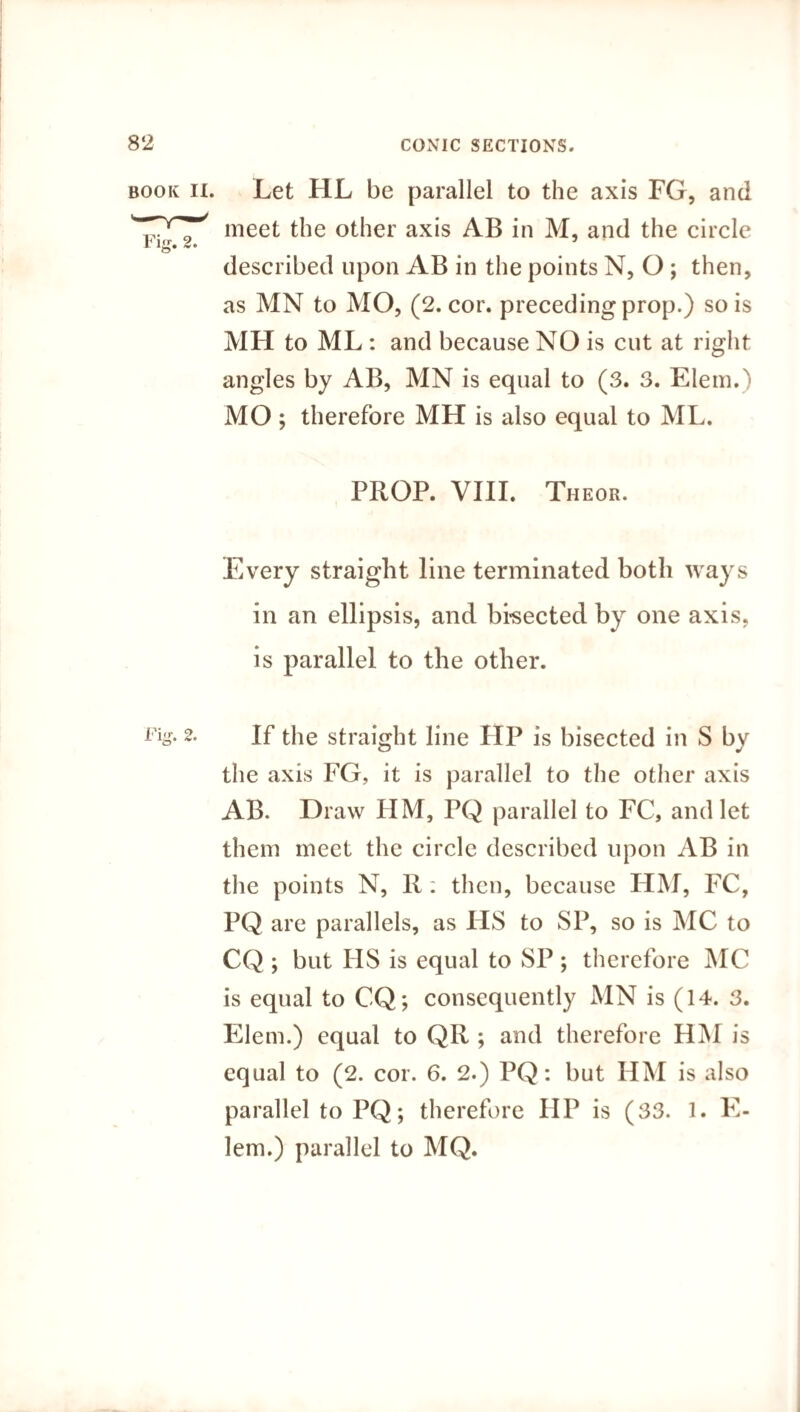book n. Let HL be parallel to the axis FG, and meet the other axis AB in M, and the circle described upon AB in the points N, O ; then, as MN to MO, (2. cor. preceding prop.) so is MH to ML : and because NO is cut at right angles by AB, MN is equal to (3. 3. Elem.) MO ; therefore MH is also equal to ML. PROP. VIII. Theor. Every straight line terminated both ways in an ellipsis, and bi-sected by one axis, is parallel to the other. Fig. 2. If the straight line HP is bisected in S by the axis FG, it is parallel to the other axis AB. Draw HM, PQ parallel to FC, and let them meet the circle described upon AB in the points N, R : then, because HM, FC, PQ are parallels, as HS to SP, so is MC to CQ ; but HS is equal to SP ; therefore MC is equal to CQ; consequently MN is (14. 3. Elem.) equal to QR ; and therefore HM is equal to (2. cor. 6. 2.) PQ: but HM is also parallel to PQ; therefore HP is (33. l. E- lem.) parallel to MQ.