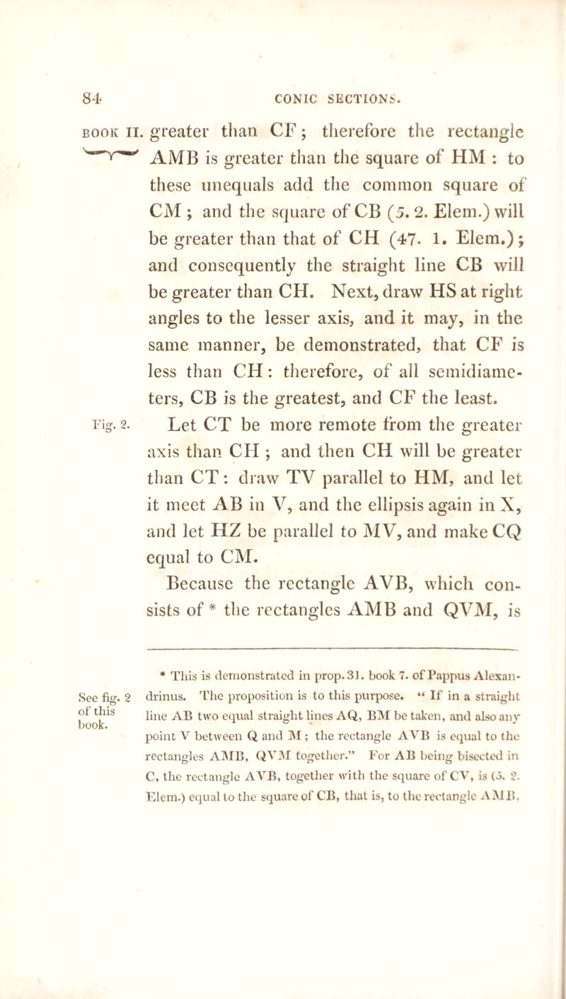 book II. greater than CF; therefore the rectangle AMB is greater than the square of HM : to these unequals add the common square of CM ; and the square of CB (5. 2. Elem.) will be greater than that of CH (47. 1. Elem.); and consequently the straight line CB will be greater than CH. Next, draw HS at right angles to the lesser axis, and it may, in the same manner, be demonstrated, that CF is less than CH: therefore, of all semidiame¬ ters, CB is the greatest, and CF the least. Fig. 2. Let CT be more remote from the greater axis than CH ; and then CH will be greater than CT: draw TV parallel to HM, and let it meet AB in V, and the ellipsis again in X, and let HZ be parallel to MV, and makeCQ equal to CM. Because the rectangle AVB, which con¬ sists of* the rectangles AMB and QVM, is * This is demonstrated in prop. 31. book 7. of Pappus Alexan- See fig. 2 drinus. The proposition is to this purpose. “ If in a straight ot this line AB two equal straight lines AQ, BM be taken, and also anv book. point V between Q and M ; the rectangle AVB is equal to the rectangles AMB, QVM together.” For AB being bisected in C, the rectangle AVB, together with the square of CV, is (5. 2. Elem.) equal to the square of CB, that is, to the rectangle AMB.
