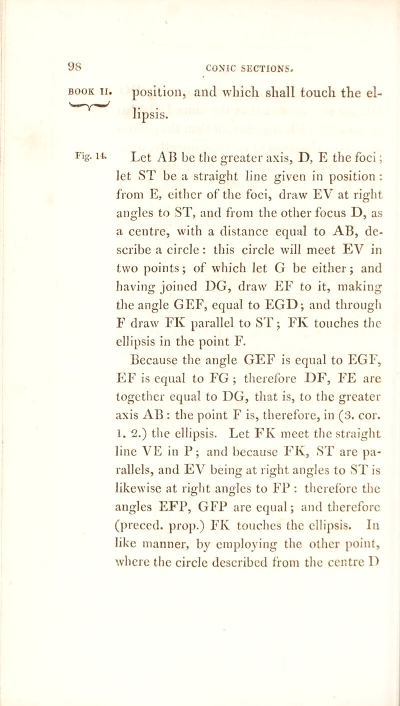 BOOK II. position, and which shall touch the el¬ lipsis. Let AB be the greater axis, D, E the foci; let ST be a straight line given in position : from E, either of the foci, draw EV at right angles to ST, and from the other focus D, as a centre, with a distance equal to AB, de¬ scribe a circle: this circle will meet EV in two points; of which let G be either; and having joined DG, draw EF to it, making the angle GEF, equal to EGD; and through F draw FK parallel to ST; FK touches the ellipsis in the point F. Because the angle GEF is equal to EGF, EF is equal to FG; therefore DF, FE are together equal to DG, that is, to the greater axis AB : the point F is, therefore, in (3. cor. 1. 2.) the ellipsis. Let FK meet the straight line VE in P; and because FK, ST are pa¬ rallels, and EV being at right angles to ST is likewise at right angles to FP : therefore the angles EFP, GFP are equal; and therefore (preced. prop.) FK touches the ellipsis. In like manner, by employing the other point, where the circle described from the centre D