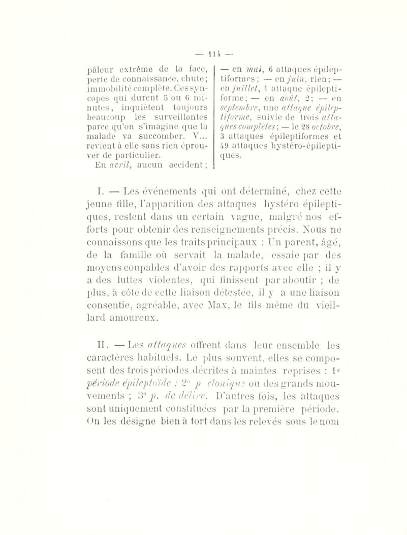 pâleur extrême de la face, perte de connaissance, chute; immobilité complète. Ces syn¬ copes qui durent 5 ou G mi¬ nutes, inquiètent toujours beaucoup les surveillantes parce qu’on s’imagine que la malade va succomber. Y... revient à elle sans rien éprou¬ ver de particulier. En avril, aucun accident ; — en mai, 6 attaques épilep¬ tiformes; — en juin, rien; — on juillet, 1 attaque épilepti¬ forme; — en août, 2; — en septembre, une attaque épilep¬ tiforme, suivie de trois atta¬ ques complètes', — le 28 octobre, 3 attaques épileptiformes et 49 attaques hystéro-épilepti¬ ques. I. — Les événements qui ont déterminé, chez cette jeune fille, l’apparition des attaques hystéro épilepti¬ ques, restent dans un certain vague, malgré nos ef¬ forts pour obtenir des renseignements précis. Nous ne connaissons que les traits principaux : Un parent, âgé, de la famille où servait la malade, essaie par des moyens coupables d’avoir des rapports avec elle ; il y a des luttes violentes, qui finissent par aboutir ; de plus, à côté de cette liaison détestée, il y a une liaison consentie, agréable, avec Max, le fils même du vieil¬ lard amoureux. II. —Les attaques offrent dans leur ensemble les caractères habituels. Le plus souvent, elles se compo¬ sent des trois périodes décrites à maintes reprises : 1° période épileptoïde ; 2° p clonique ou des grands mou¬ vements ; o° j). de délire. D’autres fois, les attaques sont uniquement constituées par la première période. On les désigne bien à tort dans les relevés sous le nom