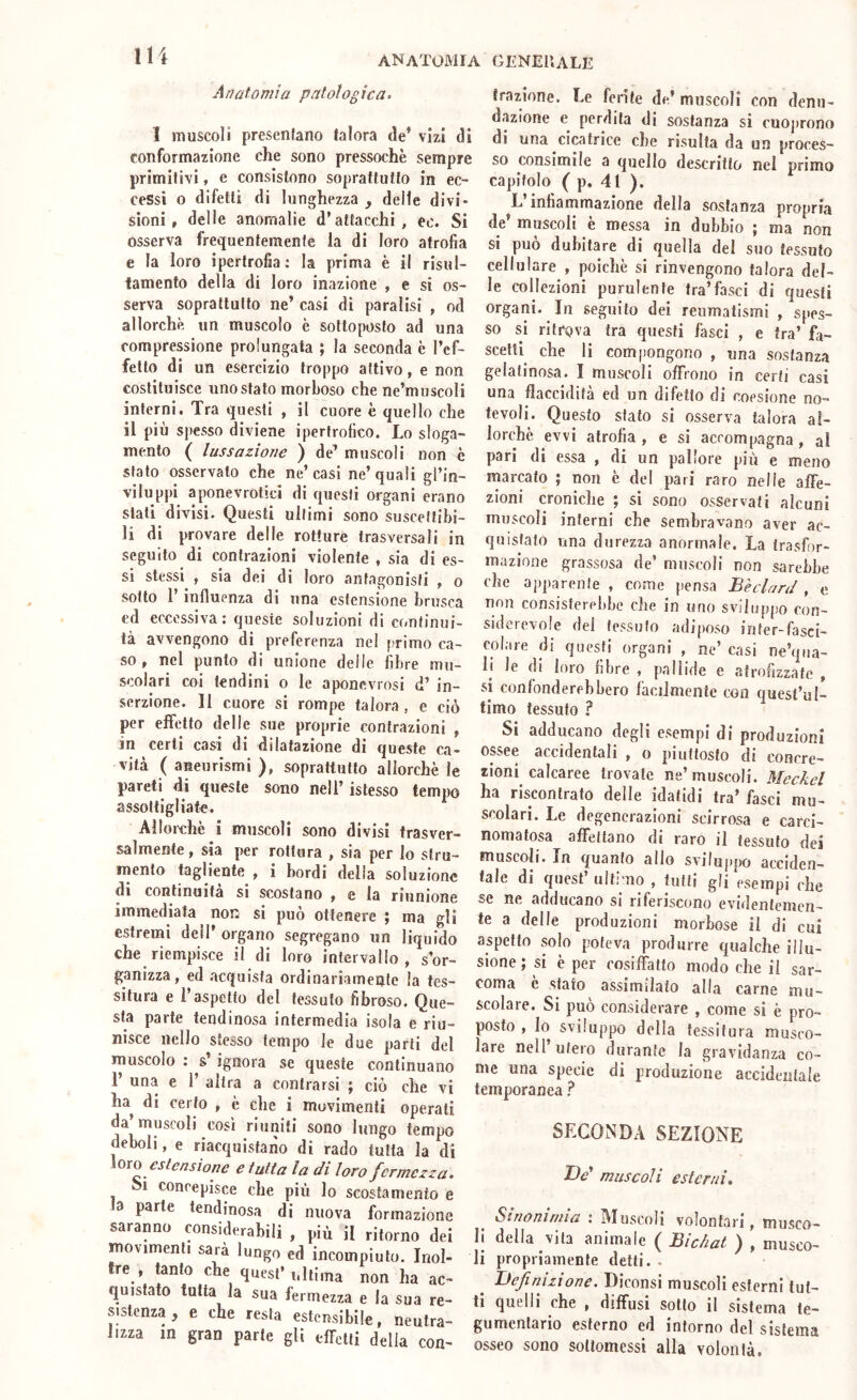 Anatomìa patologica. I muscoli prescnfano lalora de’ vizi di conformazione che sono pressoché sempre primitivi, e consistono soprattutto in ec- cessi o difetti di lunghezza , delle divi* sioni, delle anomalie d’attacchi, ec. Si osserva frequentemente la di loro atrofia e la loro ipertrofia: la prima è il risul- famento della di loro inazione , e si os- serva soprattutto ne’ casi di paralisi , od allorché un muscolo è sottoposto ad una compressione prolungata ; la seconda è l’ef- fetto di un esercizio troppo attivo, e non costituisce uno stato morboso che ne’muscoli interni. Tra questi , il cuore è quello che il più spesso diviene ipertrofico. Lo sloga- mento ( lussazione ) de’ muscoli non è stato osservato che ne’ casi ne’ quali gl’in- viluppi aponevrotici di questi organi erano stati divisi. Questi ultimi sono suscettibi- li di provare delle rotture trasversali in seguito di contrazioni violente , sia di es- si stessi , sia dei di loro antagonisti , o sotto r influenza di una estensione brusca ed eccessiva: queste soluzioni di continui- tà avvengono di preferenza nel primo ca- so , nel punto di unione delle fibre mu- scolari coi tendini o le aponevrosi d’ in- serzione. 11 cuore si rompe talora , e ciò per effetto delle sue proprie contrazioni , in certi casi di dilatazione di queste ca- vità ( aneurismi ), soprattutto allorché le pareti di queste sono nell’ istesso tempo assottigliate. Allorché i muscoli sono divisi trasver- salmente , sia per rottura , sia per lo stru- mento tagliente , i bordi della soluzione di continuità si scostano , e la riunione immediata non si può ottenere j ma gli estremi deli’ organo segregano un liquido che riempisce il di loro intervallo, s’or- ganizza, ed acquista ordinariamente la tes- situra e l’aspetto del tessuto fibroso. Que- sta parte tendinosa intermedia isola e riu- nisce nello stesso tempo le due parti del muscolo ; s ignora se queste continuano 1’ una e 1’ altra a contrarsi ; ciò che vi ha^ di certo , è che i movimenti operali da’muscoli così riuniti sono lungo tempo deboli, e riacquistano di rado tutta la di \oxo estensione e tutta la di loro fermezza. oi concepisce che più lo scostamento e a parte tendinosa di nuova formazione saranno considerabili , più il ritorno dei movimenti sarà lungo ed incompiuto. Inol- tre , tanto che quest’ultima non ha ac- quistato tutta la sua fermezza e la sua re- sistenza , e che resta estensibile, neutra- lizza in gran parte gli effetti delia con- trazione. Le ferite de’ muscoli con denu- dazione e perdila di sostanza si cuoprono di una cicatrice ebe risulta da un proces- so consimile a quello descritto nel primo capitolo ( p. 41 ). L’infiammazione della sostanza propria de’ muscoli é messa in dubbio ; ma non si può dubitare di quella del suo tessuto cellulare , poiché si rinvengono talora del- le collezioni purulente tra’fasci di questi organi. In seguito dei reumatismi , spes- so si ritrova tra questi fasci , e fra’ fa- scelli^ che li compongono , una sostanza gelatinosa. I muscoli offrono in certi casi una flaccidita ed un difetto di coesione no- tevoli. Questo stato si osserva talora al- lorché evvi atrofia , e si acrompagna, al pari di essa , di un pallore più e meno marcato ; non é del pari raro nelle affe- zioni croniche ; si sono osservati alcuni muscoli interni che sembravano aver ac- quistato una durezza anormale. La trasfor- mazione grassosa de’ muscoli non sarebbe che apparente , come jiensa B'eclard , e non consisterebbe che in uno sviluppo con- siderevole dei tessuto adiposo inter-fasci- colare di questi organi , ne’ casi ne’qiia- li le di loro fibre , pallide e atrofizzate , si confonderebbero làciJmente con quest’ul- timo tessuto ? Si adducano degli esempi di produzioni ossee accidentali , o piuttosto di concre- zioni calcaree trovale ne’muscoli. Meckel ha riscontrato delle idatidi tra’ fasci mu- scolari. Le degenerazioni scirrosa e carci- nomatosa affettano di raro il tessuto dei muscoli. In quanto allo sviluppo acciden- tale di quest uit!'no , tutti gli esempi che se ne adducano si riferiscono evidentemen- te a delle produzioni morbose il di cui aspetto solo poteva produrre qualche illu- sione ; si é per cosiffatto modo che il sar- coma é stato assimilato alla carne mu- scolare. Si può considerare , come si é pro- posto , lo sviluppo della tessitura musco- lare nell’utero durante la gravidanza co- me una specie di produzione accidentale temporanea ? SECONDA SEZIONE T)e^ muscoli esterni. Sinonimia : Muscoli volontari, musco- li della vita animale ( Bic/iat ) , musco- li propriamente detti. - TJefinixione. Diconsi muscoli esterni tut- ti quelli che , diffusi sotto il sistema te- gumentario esterno ed intorno del sistema osseo sono sottomessi alla volontà.