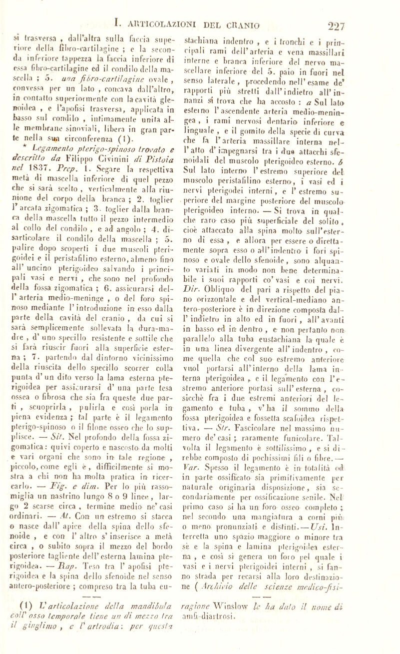 SI trasversa , daU’altra sulla farcia supe- riore (Iella llliro-carlilagine ; e la secon- da inferiore tappezza la facrda inferiore di essa ffljro-carlilagine ed il condilo della naa- scella ; 5. una fihro-carliìagìne ovale , convessa per un lato , concava dalTalfro, in contatto su[)eriormenIe con la cavità gle- noidea , e Tapofisi trasverso, applicata in basso sul condilo , intimamente unita al- le membrane sinoviali, libera in gran par- te nella Stt*a circonferenza (1). * pterìgospìnoso IrOi^nLo e descritto da Ftli()po Civinini di Pistoia nel 1837. Prcp, l. Seg are la respcttiva metà di mascella inferiore di (juel pezzo elle si sarà scelto , verticalmente alla riu- nione del corpo della branca ; 2. toglier r arcala zigomatica ; 3. toglier dalla bran- ca della mascella tutto il pezzo intermedio al collo del condilo , e ad angolo ; 4. di- sarticolare il condilo delia mascella ; 5. pulire dopo S(;o[)erfi i due muscoli pteri- goidei e il peristafilino esterno, almeno Uno all uncino pterigoideo salvando i princi- pali vasi e nervi , che sono nel profdiwlo della fossa zigomatica ; 6. assicurarsi del- r arteria medio-meninge , o del foro spi- noso mediante l’introduzione in esso dalla parte della cavità del cranio , da cui si sarà semplicemente sollevata la dura-ma- dre , d’ uno specillo resistente e sottile che si larà riuscir fuori alla superficie ester- na ; 7. partendo dal dintorno vicinissimo della riuscita dello specillo scorrer colla punta d’ un dito verso la lama esterna pte- rigoidea per assicurarsi d’ una parte tesa ossea 0 fibrosa che sia fra queste due par- ti , scuoprirla , pulirla e così porla in piena evidenza t tal parte è il legamento pferigo-spinoso o il filone osseo che lo sup- plisce. — Sit. Nel [irofondo della fossa zi- gomatica: quivi coperto e nascosto da molti e vari organi che sono in tale regione , piccola, come egli è, difRcilmente si mo- stra a chi non ha molta pratica in ricer- carlo. — Pig’ e dira. Per lo più rasso- miglia un nastrino lungo 8 o 9 lince , lar- go 2 scarse circa , termine medio ne’ casi ordinari. — At. Con un estremo si stacca 0 nasce dall’ apice della spina dello sfe- noide , e con 1’ altro s’inserisce a melà circa , 0 subito sopra il mezzo del bordo posteriore tagliente dell’esterna lamina pte- rigoidea. — Pop. Teso tra l’ apolisi pfe- rigoidea e la spina dello sfenoide nel senso antero-posteriore ; compreso tra la tuba eu- (1) V articolazione della mandihida caie asso temporale tiene un di mezzo tra y c V arlrodiu', per (jucsiz. stachiana indeniro , e i tronchi e i prin- cipali rami dell’arleria c vena massillari interne e branca inferiore del nervo ma- scellare inferiore del 5. paio in fuori nei senso laterale, procedendo nell’esame de* rapporti più stretti dall’indietro all’in- nanzi si trova che ha accosto : /z Sul lato esteinn l’ascendente arteria medio-menin” gea , i rami nervosi dentario inferiore e linguale , e il gomito della specie di curva che fa l’arteria massillare interna nel- l’atto d’impegnarsi tra i due attacchi sfe- noidali del muscolo pterigoideo esterno. & Sul lato interno l’estremo superiore del muscolo perislalilluo esterno, i vasi ed i nervi plerigodei interni, e 1’ estremo su- periore del margine posteriore del muscolo pterigoideo interno. —Si trova in qual- che raro caso più superficiale del solilo , cioè attaccato alla spina molto sull’ester- no di essa , e allora per essere o diretta- mente sopra esso o airindcntio i fori spi- noso c ovale dello sfenoide , sono alquan- to variati in modo non henc determina- bile i suoi rapporti co’vasi e coi nervi. JJir. Obliquo del pari a rispetto del pia- no orizzontale e del vertical-mediano an- tero-posteriore è in direzione composta dal- l’indietro in alto ed in fuori , all’avanti in basso ed in dentro , e non pertanto non parallelo alla tuba eustacliiana la quale è in una liuea divergente all’indentro, co- me quella che col suo estremo anteriore vuoi portarsi all’inlerno della lama in- terna pterigoidea e il legamento con l’e- stremo anteriore portasi sull’esterna, co- sicché fra i due estremi anteriori del le- gamento e tuba, v’ha il sommo della fossa pterigoidea e fossetta scafoidea rispet- tiva. — Str. Fascicolare nel massimo nu- mero de’casi; raramente funicolare. Tal- volta il legamento è sottilissimo , e si di- rebbe composto di pochissimi fili o fibre.— Var. Spesso il legamento è in totalità od in parte ossificato sia primi!ivamenle per naturale originaria disposizione, sia se- condariamente per ossificazione senile. Nei primo caso si ha un foro osseo completo ; nel secondo una mangiatura a corni piiV 0 meno pronunziali e distinti. — Usi. In- tercclla uno spazio maggiore o minore tra sè c la S[)ina e lamina pterigoidea ester- na , e cosi si genera un foro pel quale i vasi e i nervi pterigoidei interni , si fan- no strada per recarsi alla loro destinazio- ne ( Archino delle scienze medico-fi si- ragione Winslow le ha dato il nome di amfi-diarlrosi.