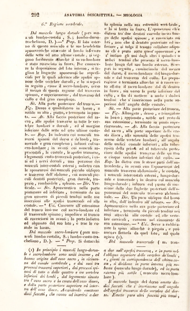 16'.® Regione vertebrale. Del wuscclo lungo dorsale ( pars inii- s.'oli lunil^o-c'oslalis , S.; |oiul)0-d6r,sp- Iracheliaiio, D,. )—* Peep. 11 lato ester- no di questo mùscolo e le sue bendelelte *ipouevioticl>e €a|l;#(‘eate al bonio iufenure delle sette od otto ultime costole , veg- gono facilmente lOllorcht* il sario-lomljare è stato rovesciato in Inora. Per conosce- re la disposizione del l.ito interno, si ta* glino le linguette aponeuioti he supt ifi- ciali per le quali aderisce alle apolisi spi- nose delle veilehre dorsali, e lo si separi in seguilo , come il sacro-lomhafe, verso il mezzo di questa legione dal trasverso spinoso, e superiormente , dal trasverso del collo e dal gran coiiqiles^o. Sii, Alla parte posteriore del tronco.— R'ig. Penso e quadrilatero in basso , e sottile in alto , piatto, e terminato in pun- ta. — j4i. Alla l’accia posteriore del sa- cro » alio apofjsi trasverse in tutte le vef- Iclpe lombari e dorsali , ed al margine inferiore delle sette od qtto ultime costo- le. ■— Rap. In indentro coi muscoli tra- sversi spinosi del dorso e de'lomb , tra- sversale e gran complesso ; iid’uori col sa- cro-lombare ì in avanti coi muscoli so- pracQstali , le costole , le apolisi trasverse, 1 legamenti costo-trasversali posteriori, i va- si ed i nervi dorsali , una porzione dei muscoli inler-costali esterni ; mdietj’o con |e aponeurosi dei muscoli piccolo obliquo « trasverso dell’ abdome , coi muscoli pic- coli dentati posteriori, gran dorsale, tra- pezio , romboidale , splenio. — i>iV. Ver- ticale. — fft/-. Aponcuretico nella parte posteriore ed inferiore , terminato da un gran numero di piccoli teudipi nelle sue inserzioni alle apofisi trasversali ed alle costole. —- Usi. Concorre all’ estensione del tronco insi.me col sacro-lombare fd il trasversale spinoso ; impedisce al tronco di rovesciarsi in avanti ; lo porta indietro ed alquanto dal suo lato , è trae le co- stole in basso. Del muscolo sacro lomlrare ( pars mu- scoli lumbo costalis, S. ; iurnbo-costo-tra- clieliano, P-)» — * Prep. Si distacchi (i) In principio i muscoli lungo-dorsa- le e sacro-lombare sono uniti insieme , ed hanno origine dall’osso sacro , in viciuan- za del canale vertebrale , e dai suoi ire processi trasversi superiori, dai processi spi- nosi di tutte a delle quattro e ire vertebre inferiori del lombi , dal legamento situato tra l osso sacro e la cresta dell'osso iliaeOf 0 dalla parte posteriore superiore ed inter- net dell osso diaco, Ascendendo emettono ftìscetli I che vanno ad inserirsi a due io splenio nella sua estremità rerfrbrale , e jó si butta in fuora, L’apoitevrosi eh’è distesa tra’due dentali essendo incisa bm- go delle apofisi spinose , e rovesciata su* lati , non che il dentalo posteriore ed in- feriore , si tolga il lessmo cellulare adipo- so eh’ è posto sotto quest’ aponeurosi , e s' isotipo gli uni dagli altri i quindi. i o sedici tendini che prescnla il sacro-lom- hare lungo dpi suo bordo esterno. 8i se- pari in seguito, eomiiiciando dal mezzo del dorso, i} saeio-|omba(e daf limgo-dor- sale e dal trasverso del collo. La prepa» razione è terminata allorché si è rovescia- to affatto il Sacro-lombare dal di dentio in Inora , sin verso la parte inferiore del collo > ^ hit di mellere a nudo i dodici tendini che s’ inseriscono nella parte su- peiioie dell’angolo delje costole, —» Alla palle posteriore del tronco, — Ftg. Allungato , denso , e |i iangolare in bas^o ; appianalo, sottile nel resto di sua estensione, terminato in punta supe- riormente, — At. Alla faccia pusleiioie del sacro , alla parte supcriore della cre- sta iliaca , alla sqininità delle apofisi tra- svelse delle veiteljie lombari , all’ angolo delle undici costole inferiori , alla tube- rosità della priitA ed al tnbeicolo poste,- riore delle apofisi trasveise ilelle (pi ttio 0 cinque veiltdiie inferiori dpi cpllo. — Rap, In dietro con le stesse pai li deH’an- tecedenfe , ai avanti con raponeuiQsi del muscolo trasverso abdondnalc , le tmstole, 1 muscoli intercostali esterni, lungo-dor- sale e trasversale ; in dentro col muscolo juiigo-doi'salc ; infuora col punto di 1 in- iiioue delle due fqglielle podcriori dell’a- poneurosi del muscolo tiasvwrso alidomi- iiale. — Dir. Un poco oblitpio dal basso in alto, dall’indentro all’iiifuora. Sir, Aponeurqiico nella sua pal le posteriore ed mieriore , terminato da piccoli tendini nei suoi attacchi alle costole ed alle verte- bre ceivicali , carnoso nel rimanente di sua estensione, •— * Serve a raddriz- zare la spina allorché è piegala , e può ancora fletterla da quel lato, sul quale agisce (1). Del muscolo trasversale ( m. tran- ci due nell’ apofisi trasversa , e In parie neh l'oblu^ao superiore delle vertebre de lombi , e , giunti hi corrispondenza dell' ultima co- sta , si dividono in parie interna più ro- busta (muscolo lungo dorsale), ed in parte esterna più sottile ( muscolo sacro,-lom- bare ). Ji muscolo lungo del dorso emette do- dici fascetU che s' inseriscono nell angolo dell'apofisi trasverso delle vertebre del dor- so, Emette pure altri fusceiii più tetiui,