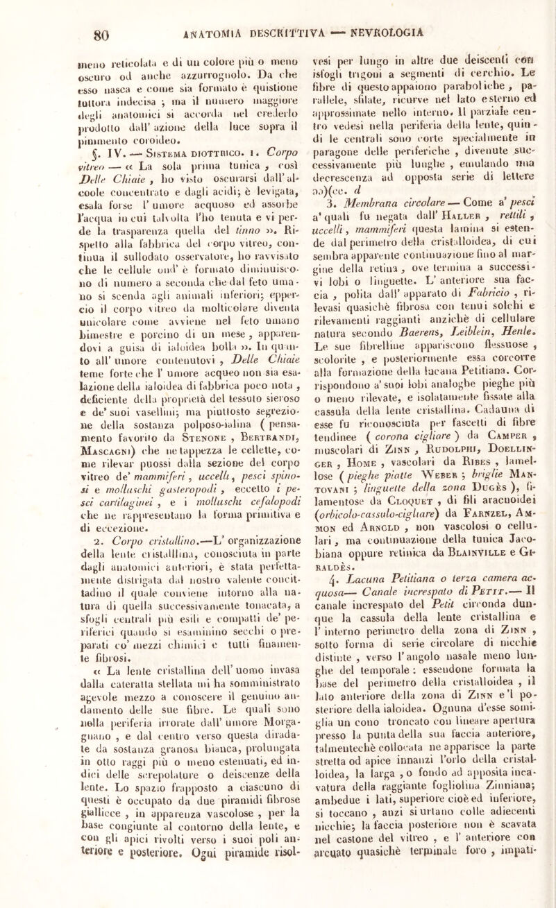 inciio relicolala e di un colore più o meno oscuro od anche azzurrognolo. Da che esso nasca e come sia formalo è quislione tuUora indecisa -, ma il numero n»aggiore degli analomici si accorda nel crederlo jHodoIlo dall’ azione della luce sopra il pimmenlo coroideo. IV. — Sistema DIOTTRICO, i. Corpo ifilreo — a La sola prima tunica , così Dellr Chiede , ho vi,ito oscurarsi dall’al- coole concentrato e dagli acidi; è levigala, esala forse 1’ umore acquoso ed assorbe Tacqua in cui tahuita Tho tenula e vi per- de la trasparenza (piella dei tilt no >r. Ri- spello alla fabbrica del < orpo vilreo, con- linua il sullodalo osservatore, ho ravvisato che le cellule ond’ è formalo diminuisco- no (li numero a seconda che dal feto uma- no si scenda agli animali inferiori; epper- cio il colpo vitreo da rnolticolare diventa unicolare come avviene nel feto umano bimestre e porcino di un mese , apparen- dovi a guisa di ialoidea bolla )i. In quan- to air umore contenutovi , Delle Ckiaie. teme forte che 1’ umore acqueo non sia esa- lazione della ialoidea di fabbrica poco nota , deficiente della pro[)rielà del tessuto sieroso e de’ suoi vasellini; ma piullosto segrezio- ne della sostanza polposo-ialina ( pensa- mento favorito da Stenoke , Bertrandi, Mascagni) che ne tappezza le cellette, co- me rilevar puossi dalla sezione del corpo vitreo óe mammiferi, uccelli^ pesci spino- si e molluschi gasteropodi , eccello i pe- sci cartilaginei , e i molluschi cefalopodi che ne rappresentano la forma primitiva e di eccezione. 2. Corpo cristallino.—L’ organizzazione della lente ci islalllina, conosciuta in parte dagli analomici anteriori, è stala perletta- mente distrigata dal nostro valente concit- tadino il quale conviene intorno alla na- tura di quella successivamente tonacala, a sfogli centrali più esili e compatti de’ pe- riferici quando si esaminino secchi o pre- parati co’ mezzi chimici e tutti finamen- te fibrosi. et La lente cristallina dell’ uomo invasa dalla cateratta stellata mi ha somministrato agevole mezzo a conoscere il genuino an- damento delle sue fibre. Le quali sono nella periferia inorale dall’ umore Morga- gnano , e dal centro verso questa dirada- te da sostanza granosa bianca, pi’olungata in otto raggi più o meno estenuati, ed in- dici delle screpolature o deiscenze della lente. Lo spazio frapposto a ciascuno di questi è occupalo da due piramidi fibrose giallicce , in apparenza vascolose , per la base congiunte al contorno della lente, e ton gli apici rivolli verso i suoi poli an- teriofe e posleiiore. Ogni pitaatide lisol- vesi per lungo in altre due deiscenli cèfi isfogli trigoni a segmenti di cerchio. Le fibre di questo appaiono paraboliche, pa- rallele, sfilate, ricurve nel lato esterno ecl approssimate nello interno. Il parziale cen- tro vedesi nella periferia della lente, quin- di le centrali sono corte specialmente in paragone delle periferiche , divenute suc- cessivamente più lunghe , emulando nua decrescenza ad opposta serie di lettere a.i)(cc. d 3. Membrana circolare — Come a’ pesci a* quali fu negata dall’ Halder , rettili , uccelli, mammiferi questa lamina si esten- de dal perimetro della cristalloidea, di cui sembra apparente continuazione fino al mar- gine della retina, ove termina a successi- vi lobi o linguette. L’anteriore sua fac- cia , polita dall’ apparato di Fabricìo , ri- levasi quasiché fibrosa con tenui solchi e rilevamenti raggianti anziché di cellulare natura secondo Baerens, Leiblein, Henle, Le sue fibrelìine appariscono flessuose , scolorile , e posteriormente essa corcorre alla formazione della lucana Petitiana. Cor- rispondono a’SUOI lobi analoghe pieghe più o meno rilevale, e isolatamente fissale alla cassala della lente cristallina. Cadauna di esse fu riconosciuta per la scelti di fibre tendinee ( corona cigliare ) da Camper , muscolari di Zinn , Rudolphi, Doellin- GER , Home , vascolari da Ribes , lamel- lose ( pieghe piatte Weber ; briglie Man- tovani ; linguette della zona Dugès ), fi- lamentose da Ceoc^iuet , di fili aracnoidei (prhicolo-cassulo-cigliare') da Haenzed, Am- MON ed Arnold , non vascolosi o cellu- lari , ma conlinuazioue della tunica Jaco- biana oppure retinica da Blainyille e Gi- RALDÈS. Lacuna Petitiana o terza camera ac- quosa— Canale increspato di Petit.— Il canale increspato del Petit circonda dun- que la cassula della lente cristallina e r interno perimetro della zona di Zinn , sotto forma di serie circolare di nicchie distinte , verso l'angolo nasale meno lun- ghe del temporale ; essendone formata la base del perimetro della erlstalloidea , il lato anteriore della zona di Zinn e l po- steriore della ialoidea. Ognuna d’esse somi- glia un cono troncato con lineare apertura presso la punta della sua taccia anteriore, talmeuteché collocala ne apparisce la parte stretta od apice innanzi l’orlo della crislal- loidea, la larga , o fondo ad apposita inca- vatura della raggiante fogliolina Zinniana; ambedue i lati, superiore cioè ed inferiore, si toccano , anzi si urlano colle adiecenti nicchie; la faccia posteriore non é scavata nel castone del viireo , e 1’ anteriore con arcuato quasiché terpiinule foro , impati-