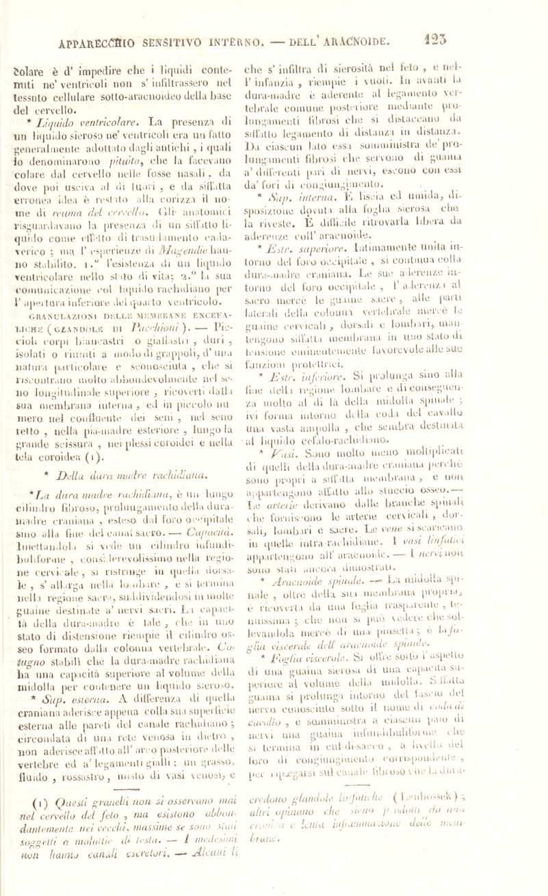 che s’ infiltra ili sierosità nel lelo , c Colare è d’ impedire che i lifjuidi conte- miti ne’ ventricoli non s’ infiltrassero iitd tessuto cellulare sollo-aracnoideo delia base del cervello. * Liquido i’enfricoìare. La presenza di un liquido sieroso ne’ veiilrieoli era un l'atto f^eneralaiente adollalo dagli antiidii , i quali io denominarono i>iliiiio^ che la lacevaiio colare dal cervello nelle tosse nasali . da dove ]ioi usciva al di iuari , e da sillatta erronea idea è restilo alla corizza il no- me di reuma del eerrelto. Gli- anatomici risguardavano la presenza di un sill'atto li- quido come clYclto di trasud,iniento cada- verico ma r esperienze ili ÌMa^'eudte han- no stabilito. 1. l’esistenza di un liquido rentrieolare nello st Uo di vita; la sua comunicazione co! liquido rachidiano per 1’ apeitura inferiore dei quarto \ entrieolo. GllAlNOn.VZlOM DKLCE AirVtUllANE ENCEFA- LI OH S ( G£ A S DOL.K DI Puc'-hioui ). — Pic- cioli corpi hiancaslri o giallastri , duri , isolati o riuniti a moilo di gi'ap[)oll, if una natura jcirticolare e sconosciuta , che si l'isconliMiio molto ahbondevoliueiile iii'l se- no longitudinale superiore ricoveri! dall a sua membrana interna j ed in piccolo uu mero net conliuenlc dei seni , nel seno letto , netta pia-madre esteriore , tungo la grande scissura , nei plessi coroidei e nella loia coroidea (i). * Della dura madre rachidiana. *La dura madre raeludlaua, è un lungo cilimli o lìbroso, pi olungamcnlo. dell;» dura- iiiadre craniana , esteso d:iì toi’o oc'-ipitale sino cdla (ine del canal s.icro. —■ (Jajnicifa. Iniettandoli si vede Un mlindro infundi- ])iddorme , cons; Icrcviviissuno uetla regio- ne cervi, ale , si iisliange in qurlla liorsa- Je , s’ iilfu'ga nella io.,iib,;rc , e si liuamiui nella regione saciM, s-uddividendusi in multe guaine liestiiMle a’ nervi s.icri. La e;ipaci- là della dura-;nadro è tale ( lei in uno Stato di distensione riempie il eilindio os* seo iorinalo dalla colonna veilebrale. Cu- mg/w stabilì che la dura-madre rachidiana lia una capacità superiore al volume tlella midolla per contenere un liquido siei'0;.o. * Slip, esienia. A dilferenza di quella craniana aderisce appena colla sua superficie esterna alle pareli dtd canale rachidiano; circondala di una relè venosa in tbclra , non aderisce all ilio all’ arco puslcrioic didle vertebre ed a’legamenti gialli ; un grasso, fluido 5 rossastro j mr-ito di vasi \cuuai;) e (i) (^}aesll praaehi non si osseivano mai nei cereello del feto ^ ma esisloìio ahhoa- danlemeule nei ecceìa. massmie se sono suiu Saggelli a malailm df lesla. —■ l meile.simi Muli hanuj canali escretori^ — Alcuni h r infanzia , rienqùe i vuoti, in avanti la dura-madre è aderente al legamento ver- tehrale comune posleiiore luedianle \nu Inngamenti fibrosi clic si dislaecano da Sili',ilio legamento di disianza in distanza., Da ciascun lato css.i souuniuistra ile pio- lungnnenl! fibrosi clic servono ili guaina a’ diilcrcnU pan di nervi, escono con essi da’furi di congiungimcuto. * Slip, inlerna. L liscia cd nuuda, do sposizionc dovuta alla logba sierosa che la riveste. È dillicile ritrovarla libera da aderenze eoli’ araenolde. * Estr. superiore. Intimamente unita in- lorno del loro occipitale , si continua colla liui'a-madro craniana. Le sue adì'renze lu- toruo del loro ocoqntale , l adercnzi al sacro incrcc le guaine sacre , alle paro liitorali della colonna vcricdn'alc luercò le guaine cervicali , doiSidi e lombari, man tengono sdlalla luembrana in Uno stillo Ut Iciisionc cminenlcinenle lavorevoie alle sue funzioni protcUi lei. * Estr. iaferiore. Si prolunga sino alla line della n'gione lombare e ili consegueu- za molto al di là della undolla spinate ; IVI lorma mLorno della coda del eavaito una vasta ampolla , che sembra destinala al liquido cefalo-raelndiano. * P'usl. Sono mollo meno nioUipiicaU di ([iie'lb elella ilura-'.uadre l’r.uiiana pcicuè sono propri a sdlilla mcmlji’ana , e non aj.piUlcugoiio alfilto alio slaccia osseu.— IjC arlerie derivano dalle, brauelre spinali e he forni,s''0,nu le arterie cervicali , doi- salq loenb.u'i c saere. Le c€/èe: si scaiacauo in quelle inlra-racbidiaue. i vasi linfaliei a[>[),irteugono all’ aracnuric.—- 1 /ic/etnou sono stali ancora iiiuio.-)liali» * Arucnoide sputale. —La uueìoila spi- nale , oltre della sua membrana [iropna^ e rieuverta da una foglia iraspaienSe , le- imissnna ; clic non si può \celcn; che sob levandola mercè di una pmsclla ; e l\Jo- glla viscerale deli arucnoide spinale. * Eogliu viscerale.. Sa olire sollu 1 uspeito di una guaina sierosa di una eaqricila su- periore al volUiUC delia uudulia. b ilatta guaina si [uolunga intorno del lascio elei iii'i'vo conosciuto sotto il uomo eb cimaut-. cavallo , e sunuuiuistra a eiascuu paio di nervi una guaina Inlumlibuliloi me che Si Icniuna in eu! di-sacco , a icncIIo del toro di eongiungnnenlo eoiiisijondenle , per 1 ipj.'gaisi sul canale l'sbrom v he. hi dnra- credoìio glandoie. iirJaUclie ( S :niibiGS(''iv') > altri oplnaìW che .neiio p’.adaiU da an -i cra.'.'i u c icnid inltamma AOiiC duLò ii.em i,n Lii'.c.