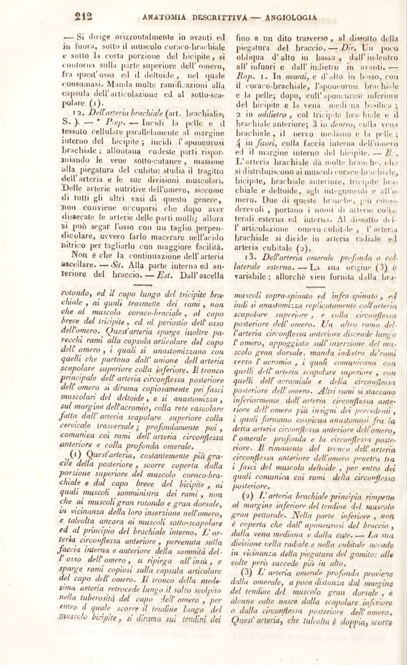 '— Si dilige orixzoiitalnienle in avanti eJ in fuora, sotto il muscolo coraco-brachiale c sono la col la porzione del bicipite , si contoi'iia sulla parte superiore dell’ omero, fi'a (|uesl’osso ed il ileltoide , nel (juale coosumasi. Manda molto ramifijazioni alla capsula deir articolazione ed al soito-sca-r polare (i). I 2. Dell'arteria brachiale (art. lii'acbialis', S* ). — * Prej). — Incidi la pelle e d tessuto cellulare parallelamente al margine interno del bicipite; incidi l’aponeurosi Jjrachiale ; allontana l'oJeste [laiti rispar* jniando le vene sotto-cutanee, massime ulla^ piegatura del cubito: studia il tragitto dell arteria e le sue divisioni muscolari. Delle arterie nutritive deU’omero, siccome di tutti gli altri vasi di questo genere, non conviene occuparsi che dopo aver dissecale le arterie delle parli molli; allora si può segar l’osso con un taglio perpen- dicolare, ovvero farlo macerare nell’acido nitrico per tagliarlo con maggiore facilità. Non è die la continuazione dell’arteria ascellare.—-Sit. Alla parte interna ed an- teriore del braccio,—Est. Dall’ascella rotondo^ ed II capo lungo del tricipite bra- chiale , ai quali tmsmelle dei rami , non che al muscolo coraco-braciale , al capo breve del tricipite, ed al periostio dell’ osso dell omero. (Quest’arteria sparge inoltre pa- lecchi rami alla capsula articolare del capo dell omero , i quelli si anastomizzano con quelli che partono dall’ unione dell arteria scapolare superiore colla inferiore. Il tronco principale dell' arteria circonflessa posteriore dell omero si dirama copiosamente pei fasci muscolari del deltoide ^ e si anaslomizza, sul margine dell’acromio, colla rete vascolare fatta dall arteria scapolare superiore colla cervicale trasversale; profondamente poi ^ comunica coi rami dell’ arteria circonflessa anteriore e colla profonda omerale. . (0 Qttiest'arteria, costantemente più gra- cile della posteriore , scorre coperta dalla porzione superiore del muscolo coraco-hra- chiale e dal capo breve del bicipite , ai quali muscoli somministra dei rami, non che ai muscoli gran rotondo e gran dorsale, in vicinanza della loro inserzione nell’omero, e talvolta ancora ai muscoli sotto<!scapolare ed al principio del brachiale interno. E ar- teria circonflessa anteriore, pervenuta sulla faccia interna e anteriore della sommità del- I osso dell omero , si ripiega all' insù , e sparge rami copiosi sulla capsula articolare del capo dell’ omero. Il tronco della mede- sima arteria retrocede lungo il solco scolpilo nella tuberosità del capo dell’ omero , per ^ntro il quale scorre il tendine lungo del muscùh bicìpite D si dirama sul tendini del fino a un dito trasverso, al dissolto della piegatura del braccio, — Dir. Un poco obliqua d’alto iii basso , dall’indentro all’ infuori e dall’ indietro in avanti, — Rop. I. In avanti, e d’alto in basso, con il eoraco-brachiale, raponcurosi brachiale e la pelle; dopo, coll’apoiuurosi iuferiote del bicipite e la vena medi,ma ba.silica ; 2 in addietro , col lrici[)ilc brai hi;de e il brachiale anteriore; 3 in dentro, colla vena brachiale, il nervo mediano e la pelle; /j in fuori, colla faccia interna dell’omci o ed il margine interno del bicipite. — B . L’arteria brachiale dà molle bram he, cln; si distribuiscono ai muscoli coraco hi :u biale, bicijjite, brachiale anleriore, iricipile hi.i- cbiale e deltoide, agli integunienli e all’o- mero. Due di queste branehe, più con,-.i, derevoli , portano i nomi di ailenn colla- terali esterna ed interna. Al dissolto did- 1 articolazione omero cubil de , l’ aileria brachiale si divide in arteria radiale ed arteria cubitale (2), i3. Dell’arteria omerale pmfonda o col- laterale esterna.—-La .sua origine (3^ è variabile^ allorché vien fornita dalla bia- muscoli sopra-spinato ed infra spinato , ed indi SI anaslomizza replicalamenle colf arteria scapolare superiore , e colla circonflessa posteriore dell’ omero. Zia altro ramo del- l’arteria circonflessa anteriore discende lungo l’omero, appoggialo sull’ inserzione del mu- scolo gran dorsale, manda indietro de'rami terso /’ acromio , i quali comunicano con quelli dell’ arteria scapolare superiore , con quelli dell’ acromiale e delia circonflessa posteriore dell’ omero. Altri rami si staccano. inferiornieine daH’ arteria circonflessa anle- riore deli’omero più insigni dei precedenti, i quali formano cospicua anastomosi fra la, delia arteria circonflessa anteriore dell’omero, l’omerale profonda e la circonflessa poste- riore. Il rimanente del tronco dell' arteria circonflessa anteriore dell’omero penetra Ita i fasci del muscolo deltoide , per entro del quali comunica coi rami della circonflessa posteriore, (2) IJ arteria brachiale principia rimpetUi al margine inferiore del lendine del muscolo gran pettorale. Nella parte inferiore , 1101% è coperta che dall’ aponeurosi del braccio , dalla vena mediana e dalla cige. — La sua divisione nella radiale e nella cubitale accade in vicinanza della piegatura del gomito: alle volte però succede più in alto. (3) TJ arteria omerale profonda proviene dalla omerale, a poca distanza dal margine del tendine del muscolo gran dorsale , e alcune volte nasce dalla scapolare inferiore o dalla circonflessa posteriore dell' omero., Quest arteria^ cìie talvolta, 1 doppia,} scvtT^