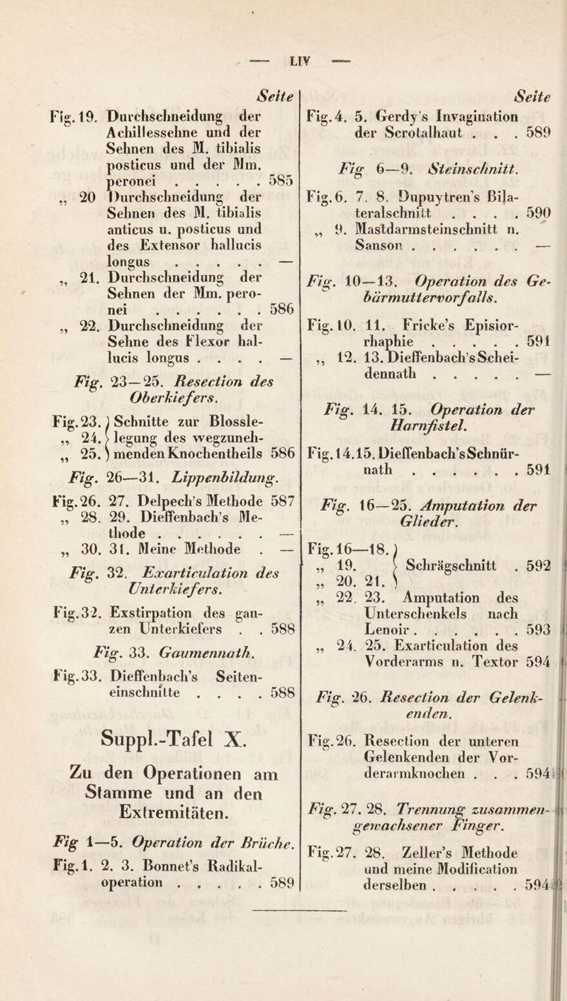 LIY / Seite Fig. 19. Durchschneidung der Achillessehne und der Sehnen des M. tibialis posticus und der Mm. peronei 585 „ 20 Durchschneidung der Sehnen des M. tibialis anticus u. posticus und des Extensor hallucis longus — „ 21. Durchschneidung der Sehnen der Mm. pero- nei 586 „ 22. Durchschneidung der Sehne des Flexor hal- lucis longus . . . . — Fig. 23—25. Resection des Oberkiefers. Fig. 23. ) Schnitte zur Blossle- „ 24. > legung des wegzuneh- „ 25. ) menden Knochentheils 586 Fig. 26—31. Lippenbildung. Seite Fig. 4. 5. Gerdy’s Invagination der Scrotalhaut . . . 589 Fig 6—9. Steinschnitt. Fig. 6. 7. 8. Dupuytrens Bila- teralschnitt .... 590 „ 9. Mastdarmsteinschnitt n. Sanson — Fig. 10—13. Operation des Ge- barm ul t ervo rfalis. Fig. 10. 11. Fricke’s Episior- rhaphie 591 ,, 12. 13. Dieffenbach’s Schei- dennath — Fig. 14. 15. Operation der Harnfistel. Fig. 14.15. Dieffenbach’s Schnür- nath 591 Fig. 26. 27. Delpech’s Methode 587 „ 28. 29. Dieffenbach’s Me- thode — „ 30. 31. Meine Methode . — Fig. 32. Exarticulation des Unterkiefers. Fig. 32. Exstirpation des gan- zen Unterkiefers . . 588 Fig. 33. Gaumennath. Fig. 33. Dieffenbach’s Seiten- einschnitte .... 588 Fig. 16—25. Amputation der Glieder. Fig. 16—18.) „19. > Schrägschnitt . 592 „ 20. 21. ) „ 22. 23. Amputation des Unterschenkels nach Lenoir ...... 593 „ 24. 25. Exarticulation des Vorderarms n. Textor 594 Fig. 26. Resection der Gelenk- enden. Suppl.-Tafel X. Zu den Operationen am Stamme und an den Extremitäten. Fig 1—5. Operation der Brüche. Fig. 1. 2. 3. Bonnet’s Radikal- operation 589 Fig. 26. Resection der unteren Gelenkenden der Vor- derarmknochen . . . 594 f Fig. 27. 28. Trennung zusammen- \ gewachsener Finger. Fig. 27. 28. Zeller’s Methode und meine Modilication derselben 594 !