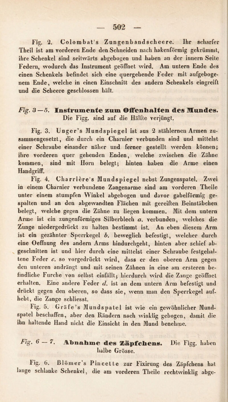 Fig. 2. Colombat’s Zungenbandscheere. Ihr scharfer Theil ist am vorderen Ende den Schneiden nach hakenförmig gekrümmt, ihre Schenkel sind seitwärts abgebogen und haben an der innern Seite Federn, wodurch das Instrument geöffnet wird. Am untern Ende des einen Schenkels befindet sich eine quergehende Feder mit aufgeboge- nem Ende, welche in einen Einschnitt des andern Schenkels eingreift und die Scheere geschlossen hält. Fig. 3 —5. Instrumente zum OfFenlialten des Hundes. Die Figg. sind auf die Hälfte verjüngt. Fig. 3. Unger’s Mundspiegel ist aus 2 stählernen Armen zu- sammengesetzt, die durch ein Charnier verbunden sind und mittelst einer Schraube einander näher und ferner gestellt werden können; ihre vorderen quer gehenden Enden, welche zwischen die Zähne kommen, sind mit Ilorn belegt; hinten haben die Arme einen Handgriff. Fig. 4. Charriere’s Mundspiegel nebst Zungenspatel. Zwei in einem Charnier verbundene Zangenarme sind am vorderen Theile unter einem stumpfen Winkel abgebogen und dayor gabelförmig ge- spalten und an den abgewandten Flächen mit gereiften Beinstäbchen belegt, welche gegen die Zähne zu liegen kommen. Mit dem untern Arme ist ein zungenförmiges Silberblech a. verbunden, welches die Zunge niedergedrückt zu halten bestimmt ist. An eben diesem Arm ist ein gezähnter Sperrkegel b. beweglich befestigt, welcher durch eine Oeffnung des andern Arms hindurchgeht, hinten aber schief ab- geschnittcn ist und hier durch eine mittelst einer Schraube festgehal- tene Feder c. so vorgedrückt wird, dass er den oberen Arm gegen den unteren andrängt und mit seinen Zähnen in eine am ersteren be- findliche Furche von selbst einfällt5 hierdurch wird die Zange geöffnet erhalten. Eine andere Feder d. ist an dem untern Arm befestigt und drückt gegen den oberen, so dass sie, wenn man den Sperrkegel auf- hebt, die Zange schliesst. Fig. 5. Gräfc’s Mundspatel ist wie ein gewöhnlicher Mund- spatel beschaffen, aber den Rändern nach winklig gebogen, damit die ihn haltende Hand nicht die Einsicht in den Mund benehme. Fig. 6 — 7. Abnahme des Zäpfchens* Die Figg. haben halbe Grösse. kig. 6. ßlömer’s Pincette zur Fixirung des Zäpfchens hat lauge schlanke Schenkel, die am vorderen Theile rechtwinklig abge-