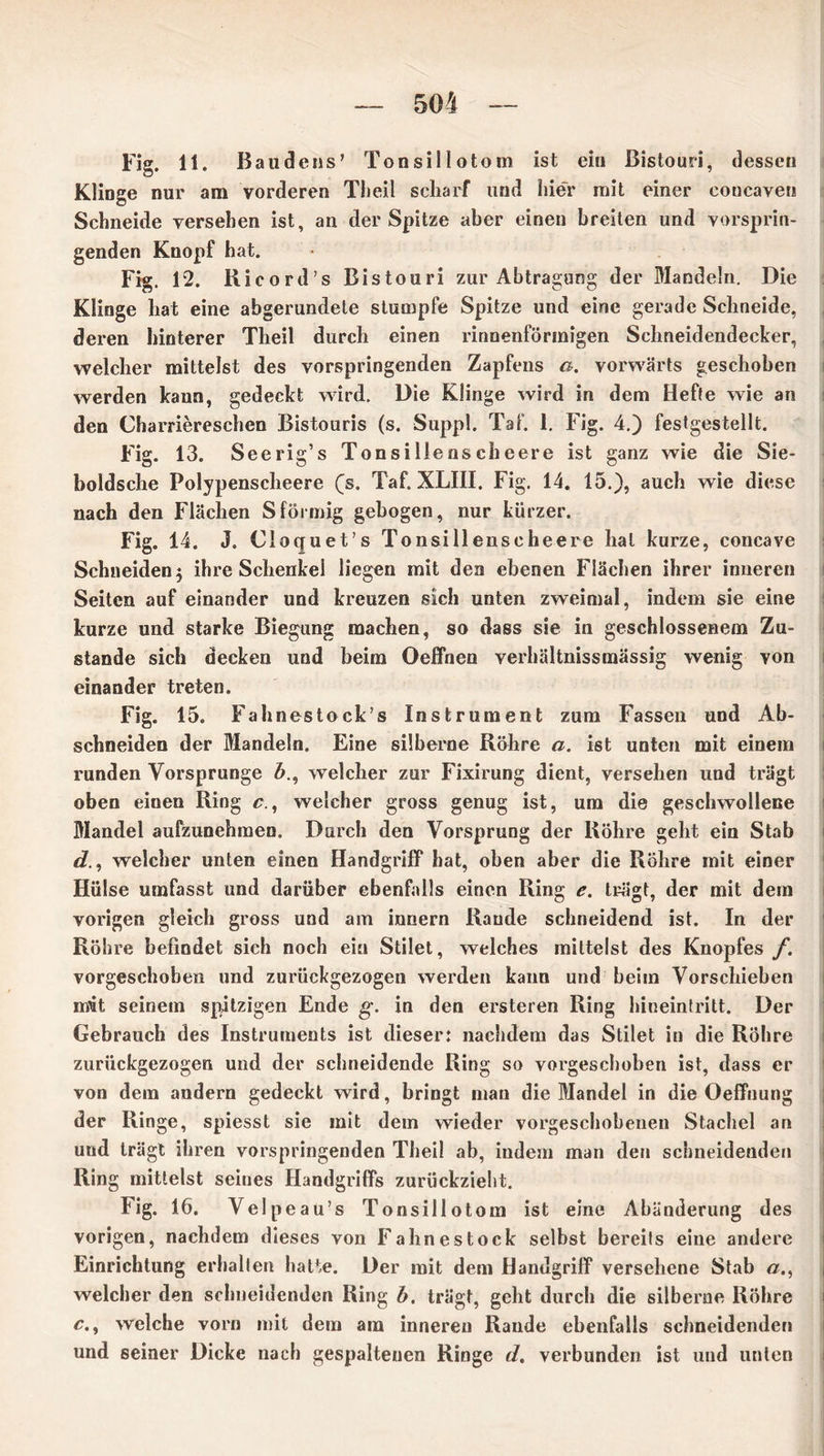 Fig. 11. Bau Jens’ Tonsillotom ist ein Bistouri, dessen Klinge nur am vorderen Theil scharf und hier mit einer eoucaven Schneide versehen ist, an der Spitze aber einen breiten und vorsprin- genden Knopf hat. Fis. 12. Ricord’s Bistouri zur Abtragung der Mandeln. Die Klinge hat eine abgerundete stumpfe Spitze und eine gerade Schneide, deren hinterer Theil durch einen rinnenförmigen Schneidendecker, welcher mittelst des vorspringenden Zapfens a. vorwärts geschoben werden kann, gedeckt wird. Die Klinge wird in dem Hefte wie an den Charriereschen Bistouris (s. Suppl. Taf. 1. Fig. 4.) festgestellt. Fig. 13. Seerig’s Tonsillenscheere ist ganz wie die Sie- holdsche Polypenscheere (s. Taf. XLIII. Fig. 14. 15.), auch wie diese nach den Flächen Sförmig gebogen, nur kürzer. Fig. 14. J. Cloquet’s Tonsillenscheere hat kurze, concave Schneiden 5 ihre Schenkel liegen mit den ebenen Flächen ihrer inneren Seiten auf einander und kreuzen sich unten zweimal, indem sie eine kurze und starke Biegung machen, so dass sie in geschlossenem Zu- stande sich decken und beim Oeffnen verhältnissmässig wenig von einander treten. Fig. 15. Fahnestock’s Instrument zum Fassen und Ab- schneiden der Mandeln. Eine silberne Röhre a. ist unten mit einem runden Vorsprunge 6., welcher zur Fixirung dient, versehen und trägt oben einen Ring c., welcher gross genug ist, um die geschwollene Mandel aufzunehmen. Durch den Vorsprung der Röhre geht ein Stab d., welcher unten einen Handgriff hat, oben aber die Röhre mit einer Hülse umfasst und darüber ebenfalls einen Ring e. trägt, der mit dem vorigen gleich gross und am innern Rande schneidend ist. In der Röhre befindet sich noch ein Stilet, welches mittelst des Knopfes f. vorgeschoben und zurückgezogen werden kann und beiin Vorschieben mit seinem spitzigen Ende g. in den ersteren Ring hineintritt. Der Gebrauch des Instruments ist dieser: nachdem das Stilet in die Röhre zurückgezogen und der schneidende Ring so vorgeschoben ist, dass er von dem andern gedeckt wird, bringt man die Mandel in die Oeffnung der Ringe, spiesst sie mit dem wieder vorgeschobenen Stachel an und trägt ihren vorspringenden Theil ab, indem man den schneidenden Ring mittelst seines Handgriffs zurückzieht. Fig. 16. Velpeau’s Tonsillotom ist eine Abänderung des vorigen, nachdem dieses von Fahnestock selbst bereits eine andere Einrichtung erhallen hatte. Der mit dem Handgriff versehene Stab ö., welcher den schneidenden Ring b. trägt, geht durch die silberne Röhre c., welche vorn mit dem am inneren Rande ebenfalls schneidenden und seiner Dicke nach gespaltenen Ringe d, verbunden ist und unten