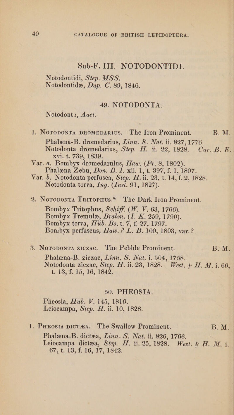 Sub-F. ITT. NOTODONTIDI. Notodontidi, Step. MSS. Notodontide, Dup. C. 89, 1846. 49. NOTODONTA. Notodont1, Auct. 1. NoropontTa DROMEDARIUS. The Iron Prominent. B. M. Phalena-B. dromedarius, Zinn. S. Nat. ii. 827, 1776. Notodonta dromedarius, Step. H. ii. 22, 1828. Cur. B. EH. Xvi. t. 739, 1839. Var. a. Bombyx dromedarulus, Haw. (Pr. 8, 1802). Phalena Zebu, Don. B. I. xii. 1, t. 397, f. 1, 1807. Var. 6. Notodonta perfusca, Step. H. ii. 23, t. 14, f. 2, 1828. Notodonta torva, Ing. (Inst. 91, 1827). 2. Notoponta Tritropuus.* The Dark Iron Prominent. Bombyx Tritophus, Schiff. (W. V. 63, 1766). Bombyx Tremule, Brahm. (I. K. 259, 1790). Bombyx torva, Hub. Bo. t. 7, f. 27, 1797. Bombyx perfuscus, Haw. ? L. B. 100, 1803, var. ? 3. Notroponta ziczac. The Pebble Prominent. B. M. Phalena-B. ziczac, Linn. S. Nat. i. 504, 1758. Notodonta ziczac, Step. H. ii. 23, 1828. West. & H. M. i. 66 t. 13, f. 15, 16, 1842. ? 50. PHEOSIA. Pheosia, Hub. V. 145, 1816. Leiocampa, Step. H. ii. 10, 1828. 1. Purosta pict&a. The Swallow Prominent. B. M. Phalena-B. dictea, Linn. S. Nat. ii. 826, 1766. Leiocampa dictea, Step. H. ii. 25, 1828. West. & H. M. i. 67, t. 13, f. 16, 17, 1842.