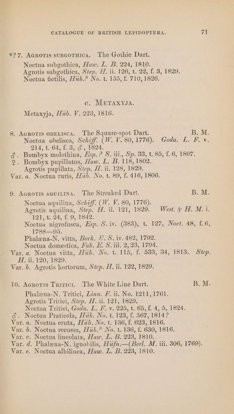 *? 7, AcroTIS suBGOoTHICA. The Gothic Dart. Noctua subgothica, Haw. L. B. 224, 1810. Agrotis subgothica, Step. H. ii. 126, t. 22, f. 3, 1829. Noctua tictilis, Hub.P No. t. 155, f. 710, 1826. e. METAXYJA. Metaxyja, Hub. V. 223, 1816. 8. AGROTIS OBELISCA. The Square-spot Dart. B. M. Noctua obelisca, Schiff. (W. V. 80,1776). Goda. L. F. v. 214, t. 64, f. 3, d, 1824. gS. Bombyx molothina, Esp. ? S. iii., Sp. 33, t. 85, f. 6, 1807. @. Bombyx pupillatus, Haw. DL. B. 118, 1802. Agrotis pupillata, Step. H. 11. 128, 1829. Var. a. Noctua ruris, Hub. No. t. 89, f. 416, 1806. 9, AcRoTis aquitina. The Streaked Dart. B. M. Noctua aquilina, Schiff. (W. V. 80, 1776). Agrotis aquilina, Step. H. it. 121, 1829. West. & H. M. i. 121, t. 24, f. 9, 1842. Noctua nigrofusca, Esp. S. iv. (3883), t. 127, Noct. 48, f.6, 1788—95. Phalena-N. vitta, Bork. EF. S. iv. 482, 1792. Noctua domestica, Fab. E. S. iii. 2, 23, 1794. Var. a. Noctua vitta, Hub. No. t. 115, f. 583, 34, 1813. Step. H. ii. 120, 1829. Var. b. Agrotis hortorum, Step. H. ii. 122, 1829. 10. Acrotis Tritict. The White Line Dart. B. M. Phalena-N. Tritici, Zinn. #. ii. No. 1211, 1761. Agrotis Tritici, Step. H. ii. 121, 1829. Noctua Tritici, Goda. L. F. v. 225, t. 65, f. 4, 5, 1824. S. Noctua Praticola, Hub. No. t. 123, f. 567, 1814? Var. a. Noctua eruta, Hub. No. t. 136, f. 623, 1816. Var. 6. Noctua recussa, Hub.” No, t. 136, f. 630, 1816. Var. c. Noctua lineolata, Haw. LZ. B. 223, 1810. Var. d. Phalena-N. ignobilis, Hufn.—(Berl. M. iii. 306, 1769). Var. e. Noctua albilinea, Haw. Z. B. 223, 1810.