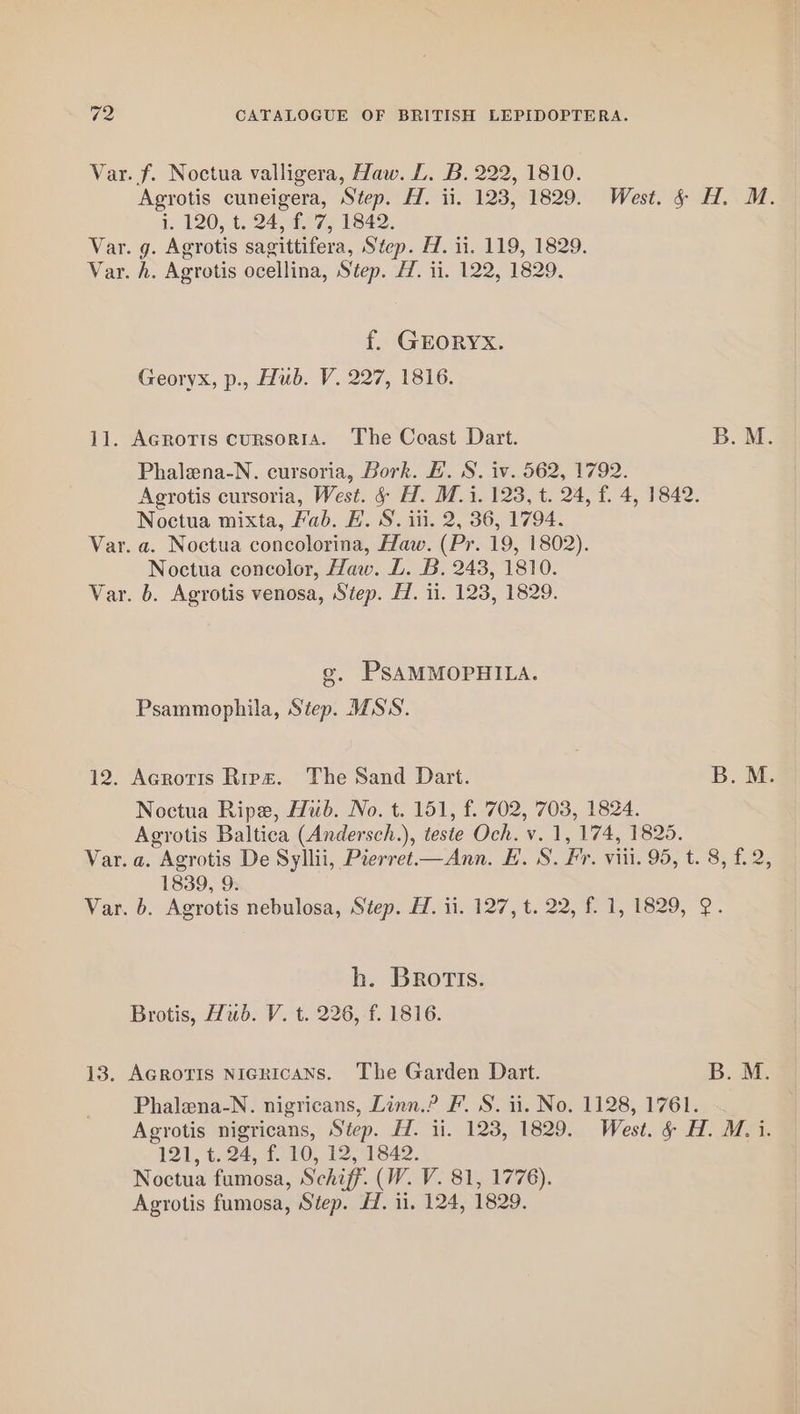 Var. f. Noctua valligera, Haw. L. B. 222, 1810. Agrotis cuneigera, Step. H. ii. 123, 1829. West. & H. M. i. 120, t. 24, f. 7, 1842. Var. g. Agrotis sagittifera, Step. H. ii. 119, 1829. Var. h. Agrotis ocellina, Step. H. ii. 122, 1829. f. GEORYX. Georyx, p., Hub. V. 227, 1816. 11. Acrotis cursoria. The Coast Dart. B. M. Phalena-N. cursoria, Bork. EB. S. iv. 562, 1792. Agrotis cursoria, West. § H. M.i. 123, t. 24, f. 4, 1842. Noctua mixta, ab. EF. S. iii. 2, 36, 1794. Var. a. Noctua concolorina, Haw. (Pr. 19, 1802). Noctua concolor, Haw. L. B. 243, 1810. Var. b. Agrotis venosa, Step. H. ii. 123, 1829. o, PsAMMOPHILA. Psammophila, Step. MSS. 12. Acrotis Rrez. The Sand Dart. B. M. Noctua Ripe, Hub. No. t. 151, f. ‘702, 703, 1824. Agrotis Baltica (Andersch.), teste Och. v. 1, 174, 1825. Var. a. Agrotis De Syllii, Pierret—Ann. E. S. Fr. viii. 95, t. 8, f. 2, 1839, 9: Var. 6. Agrotis nebulosa, Step. H. ii. 127, t. 22, f. 1, 1829, 2. h. Brotis. Brotis, Hub. V. t. 226, f. 1816. 13. AGrotis nNiericaANs. The Garden Dart. B. M. Phalena-N. nigricans, Linn.? F. S. ii. No. 1128, 1761. Agrotis nigricans, Step. H. ii. 123, 1829. West. §& H. M. i. 121, t. 24, f. 10, 12, 1842. Noctua fumosa, Schiff. (W. V. 81, 1776).