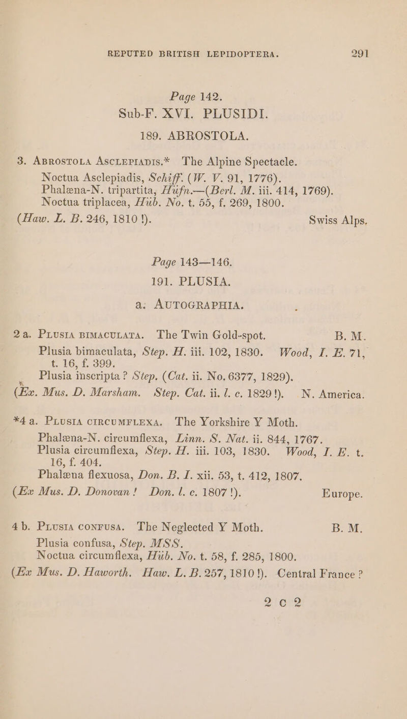 Page 142. Sub-F. XVI. PLUSIDI. 189. ABROSTOLA. 3. ABrosToLa AscLepiapis.* The Alpine Spectacle. Noctua Asclepiadis, Schiff. (W. V. 91, 1776). Phalena-N. tripartita, Hufn.—(Berl. M. iii. 414, 1769). Noctua triplacea, Hub. No. t. 55, f. 269, 1800. (Haw. L. B. 246, 1810 3). Swiss Alps. Page 143—146. 191. PLUSIA. a: AUTOGRAPHIA. 2a. Prusta Bimacutara. The Twin Gold-spot. B. M. Plusia bimaculata, Step. H. iii. 102, 1830. Wood, I. E. 71, t. 16, f. 399. 4 Plusia inscripta ? Step. (Cat. ii. No. 6377, 1829). (Ex. Mus. D. Marsham. Step. Cat. ii. 1. c. 1829!). N. America. *4a. PLUSIA CIRCUMFLEXA. The Yorkshire Y Moth. Phalena-N. circumflexa, Linn. S. Nat. ii. 844, 1767. Plusia circumflexa, Step. H. iii. 103, 1830. Wood, I. E. t. 16, f. 404. Phalena flexuosa, Don. B. I. xii. 58, t. 412, 1807. (Le Mus. D. Donovan! Don, l. c. 1807 !). Europe. 4b. Piusta conrusa. The Neglected Y Moth. B. M. Plusia confusa, Step. MSS. Noctua circumflexa, Hub. No. t. 58, f. 285, 1800. (Hx Mus. D. Haworth. Haw. L. B. 257, 1810!). Central France ? vo er2