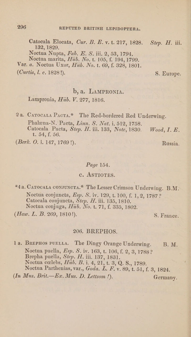 Catocala Elocata, Cur. B. H. v. t. 217, 1828. Step. H. iii. 132, 1829. Noctua Nupta, Fab. H. S. iii. 2, 53, 1794. Noctua marita, Hub. No. t. 105, f, 194, 1799. Var. a. Noctua Uxor, Hiib. No. t. 69, f. 328, 1801. (Curtis, l. c. 1828 !), S. Europe. b, a. LAMPRONIA. Lampronia, Hub. V. 277, 1816. 2a. Carocata Pacta.* The Red-bordered Red Underwing. Phalena-N. Pacta, Linn. S. Nat. i. 512, 1758. Catocala Pacta, Step. H. iii. 133, Note, 1830. Wood, I. £. t. 54, f. 56. (Berk. O. i. 147, 1769 !). Russia. Page 154. c. ASTIOTES. *4a. CaTOCALA consuNcTa.* The Lesser Crimson Underwing. B.M. Noctua conjuncta, Hsp. S. iv. 129, t. 100, f. 1,2, 1787 ? Catocala conjuncta, Step. H. iii. 135, 1810. Noctua conjuga, Hub. No. t. 71, f. 335, 1802. (Haw, L. B. 269, 1810!). S. France. 206. BREPHOS. la. BrepHos purtta. The Dingy Orange Underwing. B. M. Noctua puella, Hsp. S. iv. 163, t. 106, f. 2, 3, 1788 ? Brepha puella, Step. H. iii. 137, 1831. Noctua celebs, Hub. B. i. 4, 21, t. 3, Q. S., 1789. Noctua Parthenias, var., Goda. a F.y. 89, 't 51, f. 3, 1824. Un Mus. Brit—E«. Mus. D. Lettsom !). Germany.