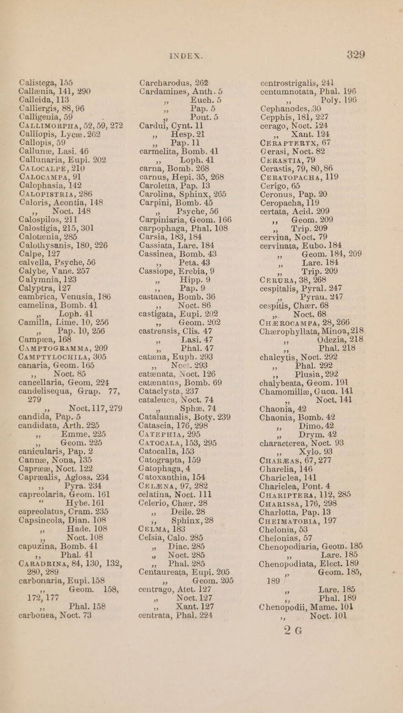 Calistega, 155 Callenia, 141, 290 Calleida, 113 Calliergis, 88, 96 Calligenia, 59 CALLIMORPHA, 52, 59, 272 Calliopis, Lyce. 262 Callopis, 59 Callune, Lasi. 46 Callunaria, Eupi. 202 CALocaLPE, 210 CaLoc AMPA, 91 Calophasia, 142 CALOPISTRIA, 286 Caloris, Acontia, 148 » Noct. 148 Calospilos, 211 Calostigia, 215, 301 Calotenia, 285 Calothysanis, 180, 226 Calpe, 127 calvella, Psyche, 56 Calybe, Vane. 257 Calymnia, 123 Calyptra, 127 cambrica, Venusia, 186 camelina, Bomb. 41 = Loph. 41 Camilla, Lime. 10, 256 of Pap. 10, 256 Campea, 168 CAMPTOGRAMMA, 209 CAMPTYLOCHILA, 305 canaria, Geom. 165 a Noct. 85 cancellaria, Geom, 224 candelisequa, Grap. 77, 279 ay Noct. 117, 279 candida, Pap. 5 eandidata, Arth. 225 ry Emme, 225 &lt;5 Geom, 225 canicularis, Pap. 2 Cann, Nona, 135 Capree, Noct. 122 Caprealis, Agloss, 234 3 Pyra, 234 capreolaria, Geom. 161 « Hybe. 161 eapreolatus, Cram. 235 Capsincola, Dian. 108 5 Hade. 108 Noct. 108 capuzina, Bomb. 41 re Phal. 41 CARADRINA, 84, 130, 132, 280, 289 carbonaria, Eupi. 158 9 Geom. 158, 172,177 = Phal. 158 carbonea, Noct. 73 INDEX. Carcharodus, 262 Cardamines, Anth. 5 by Euch. 5 A Pap. 5 Pont. 5 Cardui, Cynt. 11 398 MLELOSD, SE 97 EBD ME carmelita, Bomb. 41 A Loph. 41 carna, Bomb. 268 carnus, Hepi. 35, 268 Caroletta, Pap. 13 Carolina, Sphinx, 265 Carpini, Bomb. 45 » , Psyche, 56 Carpiniaria, Geom. 166 carpophaga, Phal, 108 Carsia, 183, 184 Cassiata, Lare. 184 Cassinea, Bomb. 43 re Peta. 43 Cassiope, Erebia, 9 » Hipp.9 ar Pap. 9 castanea, Bomb. 36 90 Noct. 86 castigata, Eupi. 202 on Geom, 202 castrensis, Clis. 47 a9 Lasi, 47 Fe Phal. 47 catena, Euph. 293 » Noct, 293 eateenata, Noct. 126 catzenatus, Bomb. 69 Cataclysta, 237 cataleuca, Noct. 74 5 Sphee. 74 Catalaunalis, Boty. 239 Catascia, 176, 298 CATEPHIa, 295 CaATOCALA, 153, 295 Catocalla, 153 Catograpta, 159 Catophaga, 4 Catoxanthia, 154 CEL@ENA, 97, 282 celatina, Noct. 111 Celerio, Cheer, 28 » « Deile. 28 3, Sphinx, 28 CELMA, 183 Celsia, Calo. 285 » Diac. 285 » Noct. 285 » Phal. 285 Centaureata, Eupi. 205 Geom. 205 centrago, Atet. 127 3 Noct. 127 of Xant, 127 centrata, Phal, 224 329 centrostrigalis, 241 centumnotata, Phal. 196 Poly. 196 Cephanodes, 30 Cepphis, 181, 227 cerago, Noct. 124 &gt;» xant. 124 CERAPTERYX, 67 Gerasi, Noct. 82 CirRASTIA, 79 Cerastis, 79, 80, 86 CERATOPACHA, 119 Cerigo, 65 Ceronus, Pap. 20 Ceropacha, 119 certata, Acid. 209 »» Geom. 209 » Mrip..209 cervina, Noct. 79 cervinata, Eubo. 184 Geom. 184, 209 Lare. 184 35 Trip. 209 CERURA, 38, 268 cespitalis, Pyr al. 247 &gt; ” Pyr au. 247 cespitis, Cheer. 68 » Noct. 68 CH@ROCAMPA, 28, 266 Cherophyllata, Minoa, 218 Odezia, 218 Phal. 218 chaleytis, Moot, 292 ” J. 292 Sp eae 292 chalybeata, Geom. 191 Chamomille, Cucu. 141 Noct, 141 a? 3) Chaonia, 42 Chaonia, Bomb. 42 bs Dimo., 42 oF Drym. 42 characterea, Noct. 93 Ke Xylo. 93 CHARBAS, 67, 277 Charelia, 146 Chariclea, 141 Chariclea, Pont. 4 CHARIPTERA, 112, 285 CHARISSA, 176, 998 Charlotta, Pap. 13 CHEIMATOBIA, 197 Chelonia, 53 Chelonias, 57 Chenopodiaria, Geom. 185 Lare. 185 Chenopodiata, Elect. 189 » Geom. 185, 189 ne Lare, 185 Phal. 189 Chenopodii, Mame. 101 5 Noct. 101 2G