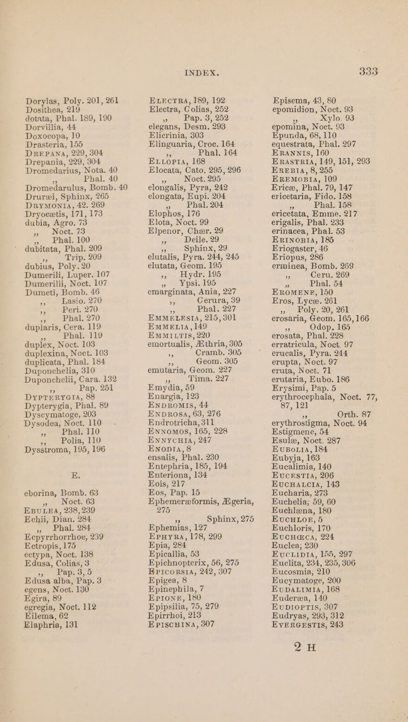 Dosithea, 219 dotata, Phal. 189, 190 Dorvillia, 44 Doxocopa, 10 Drasteria, 155 DREPANA, 229, 304 Drepania, 229, 304 Dromedarius, Nota. 40 a Phal. 40 Dromedarulus, Bomb. 40 Drurei, Sphinx, 265 Drynronia, 42. 269 Dryocetis, 171, 173 dubia, Agro. 73 Noct. 73 » Phal. 100 dubitata, Phal. 209 oy Trip. 209 dubius, Poly. 20 Dumerili, Luper. 107 Dumerilii, Noct. 107 Dumeti, Bomb. 46 Lasio. 270 Peri. 270 5 Phal. 270 duplaris, Cera. 119 Bs Phal. 119 duplex, Noct. 103 duplexina, Noct. 103 duplicata, Phal. 184 Duponchelia, 310 Duponchelii, Cara. 132 Pap. 251 DYPpTERYGIA, 88 Dypterygia, Phal. 89 Dyscymatoge, 203 Dysodea, Noct. 110 pe hallo mn ola, 110 Dysstroma, 195, 196 9 9 ”» E. eborina, Bomb. 63 » Noct. 63 EBULEA, 238, 239 Echii, Dian, 284 3 hall 204 Ecpyrrhorrhoe, 239 Ectropis, 175 ectypa, Noct. 138 Edusa, Colias, 3 a Rape O Edusa alba, Pap. 3 egens, Noct. 130 Egira, 89 egregia, Noct. 112 Eilema, 62 Elaphria, 131 INDEX. Electra, Colias, 252 - Pap. 3, 252 elegans, Desm. 293 Elicrinia, 303 Elinguaria, Croc. 164 Phal. 164 ELtopta, 168 Elocata, Cato. 295, 296 5 Noct, 295 elongalis, Pyra, 242 elongata, Eupi. 204 » Phal. 204 Elophos, 176 Elota, Noct. 99 Elpenor, Cheer. 29 3 Deile. 29 ” Sphinx, 29 elutalis, Pyra. 244, 245 elutata, Geom. 195 9300 Eydrnk95 3) 1 bsie 195 emarginata, Ania, 227 er, Cerura, 39 Phal, 227 EMMELESIA, 215, 301 EMMELIA, 149 EmMILTTIS, 220 emortualis, Aithria, 305 Cramb. 305 95 Geom. 305 emutaria, Geom, 227 5 Tima, 227 Emydia, 59 Enargia, 123 EnpDRoMmIs, 44 ENDROSA, 63, 276 Endrotricha, 311 ENNOMOS, 165, 228 ENNYCHBIA, 247 Enopta, 8 ensalis, Phal. 230 Entephria, 185, 194 Enteriona, 134 Eois, 217 Eos, Pap. 15 Ephemereformis, Aigeria, 275 UP) oF Sphinx, 275 Ephemias, 127 EpHyRra, 178, 299 Epia, 284 Epicallia, 53 Epichnopterix, 56, 275 EPpicorsiA, 242, 307 Epigea, 8 Epinephila, 7 EPIone, 180 Epipsilia, 75, 279 Epirrhoi, 213 Episcuina, 307 333 epomidion, Noct. 93 Xylo. 93 epomina, Noct. 93 Epunda, 68, 110 equestrata, Phal. 297 ERANNIS, 160 ERASTRIA, 149, 151, 293 EREBIA, 8, 255 EREMOBIA, 109 Erice, Phal. 79, 147 ericetaria, Fido. 158 * Phal. 158 ericetata, Emme. 217 erigalis, Phal. 233 erinacea, Phal. 53 ERINOBIA, 185 Eriogaster, 46 Eriopus, 286 erminea, Bomb, 269 a Ceru. 269 6 Phal. 54 EROMENE, 150 Eros, Lycee. 261 yt Oly2 20, 261 erosaria, Geom. 165,166 oe Odop. 165° erosata, Phal. 228 erratricula, Noct. 97 erucalis, Pyra. 244 erupta, Noct. 97 eruta, Noct. 71 erutaria, Eubo. 186 Erysimi, Pap. 5 erythrocephala, Noct. 77, 87, 121 06 Orth. 87 erythrostigma, Noct, 94 Estigmene, 54 Esule, Noct. 287 EvuBo.ia, 184 Eubyja, 163 Eucalimia, 140 EvcestIA, 206 EvucuHatctia, 143 Eucharia, 273 Euchelia; 59, 60 Euchlena, 180 EvcuHLOE, 5 Euchloris, 170 Evucua@ca, 224 Euclea; 230 Evcuipta, 155, 297 Euclita, 234, 235, 306 Eucosmia,; 210 Eucymatoge, 200 EvDALiMtiA, 168 Euderea, 140 EvUDIOpPTIS, 307 Eudryas, 293, 312 EVERGESTIS, 243 QH