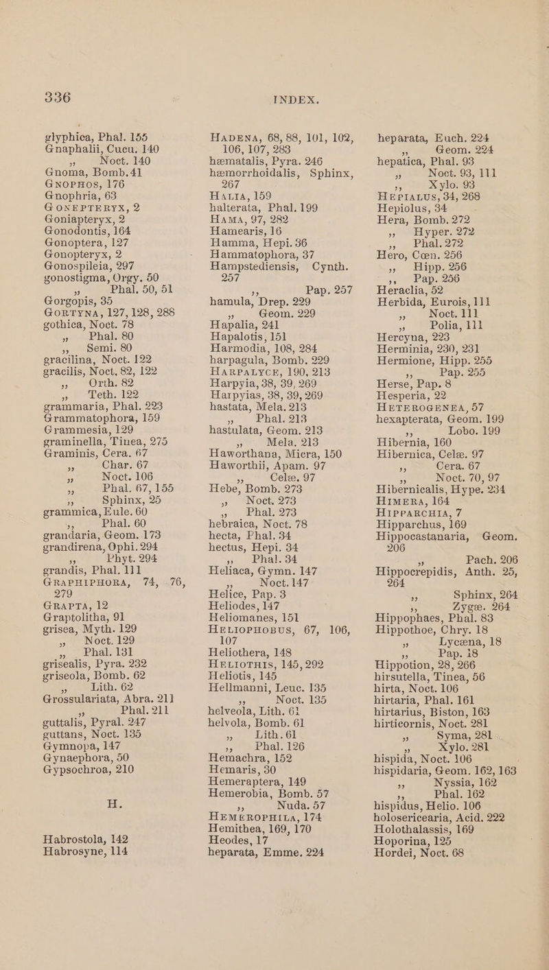 glyphica, Phal. 155 Gnaphalii, Cucu. 140 5 Noct. 140 Gnoma, Bomb.41 GNOPHOS, 176 Gnophria, 63 G ONEPTERYX, 2 Goniapteryx, 2 Gonodontis, 164 Gonoptera, 127 Gonopteryx, 2 Gonospileia, 297 gonostigma, Orgy. 50 % Phal, 50, 51 Gorgopis, 35 GORTYNA, 127, 128, 288 gothica, Noct. 78 sy ledatellle (eld) ao era. GO gracilina, Noct. 122 gracilis, Noct, 82, 122 39 Orth. 82 sp Lbeiy IE) grammaria, Phal. 223 Grammatophora, 159 Grammesia, 129 graminella, Tinea, 275 Graminis, Cera. 67 Char. 67 a Noct. 106 Phal. 67, 155 45 Sphinx, 25 grammica, Hule. 60 Ni Phal. 60 grandaria, Geom. 173 grandirena, Ophi. 294 a Phyt. 294 grandis, Phal. 1]1 GRAPHIPHORA, 74, 76, 279 GRAPTA, 12 Graptolitha, 91 grisea, Myth. 129 » Noet. 129 Ay edaille, HL grisealis, Pyra. 232 griseola, Bomb. 62 43 Lith. 62 Grossulariata, Abra. 211 Phal. 211 guttalis, Pyral. 247 guttans, Noct. 135 Gymunopa, 147 Gynaephora, 50 Gypsochroa, 210 H. Habrostola, 142 Habrosyne, 114 HavDENA, 68, 88, 101, 102, 106, 107, 283 hematalis, Pyra. 246 hemorrhoidalis, Sphinx, 267 Hatta, 159 halterata, Phal. 199 HAMA, 97, 282 Hamearis, 16 Hamma, Hepi. 36 Hammatophora, 37 Hampstediensis, Cynth. 257 Pap. 257 hamula, ’Drep. 229 oS Geom. 229 Hapalia, 241 Hapalotis, 151 Harmodia, 108, 284 harpagula, Bomb. 229 HARPALYCE, 190, 213 Harpyia, 38, 39, 269 Harpyias, 38, 39, 269 hastata, Mela, 213 Fs Phal. 213 hastulata, Geom. 213 on Mela, 213 Haworthana, Micra, 150 Haworthii, Apam. 97 Cele. 97 Hebe, Bomb. 273 3 NOCtA 23 3) J Bhal273 hebraica, Noct. 78 hecta, Phal. 34 hectus, Hepi. 34 » Phal. 34 Heliaca, Gymn. 147 5 Noct. 147 Helice, Pap. 3 Heliodes, 147 Heliomanes, 151 HELIOPHOBUS, 107 Heliothera, 148 HELIOTHITs, 145, 292 Heliotis, 145 Hellmanni, Leuc. 135 ng Noct. 135 helveola, Lith. 61 helvola, ‘Bomb. 61 . Lith. 61 Phal. 126 Hemachra, 152 Hemaris, 30 Hemeraptera, 149 Hemerobia, Bomb. 57 9p Nuda. 57 HEMEROPHILa, 174 Hemithea, 169, 170 Heodes, 17 heparata, Emme, 224 67, 106, heparata, Euch. 224 Geom. 224 hepatica, Phal. 93 4 Noct. 93, 111 As Xylo. 93 HEPIALUs, 34, 268 Hepiolus, 34 - Hera, Bomb. 272 » Hyper. 272 5 Phal.272 Hero, Ceen. 256 » Hipp. 256 »» Pap256 Heraclia, 52 Herbida, Eurois, 111 S Noct. 111 ‘i Polia, 111 Hereyna, 223 Herminia, 230, 231 Hermione, Hipp. 255 a Pap. 255 Herse, Pap. 8 Hesperia, 22 HETEROGENEA, 57 hexapterata, Geom. 199 Lobo. 199 Hibernia, 160 Hibernica, Cele. 97 bp Cera. 67 a Noct. 70, 97 Hibernicalis, Hype. 234 HImMERA, 164 HIpPpARCHIA, 7 Hipparchus, 169 Hippocastanaria, Geom. Pach. 206 Hippocrepidis, Anth. 25, 264 35 Sphinx, 264 Zyge. 264 Hippophaes, Phal. 83 Hippothoe, Chry. 18 9 Lycena, 18 5G Pap. i8 Hippotion, 28, 266 hirsutella, Tinea, 56 hirta, Noct. 106 hirtaria, Phal. 161 hirtarius, Biston, 163 hirticornis, Noct. 281 BS Syma, 281 . Xylo. 281 hispida, Noct. 106 hispidaria, Geom. 162, 163 Nyssia, 162 a Phal. 162 hispidus, Helio. 106 holosericearia, Acid, 222 Holothalassis, 169 Hoporina, 125