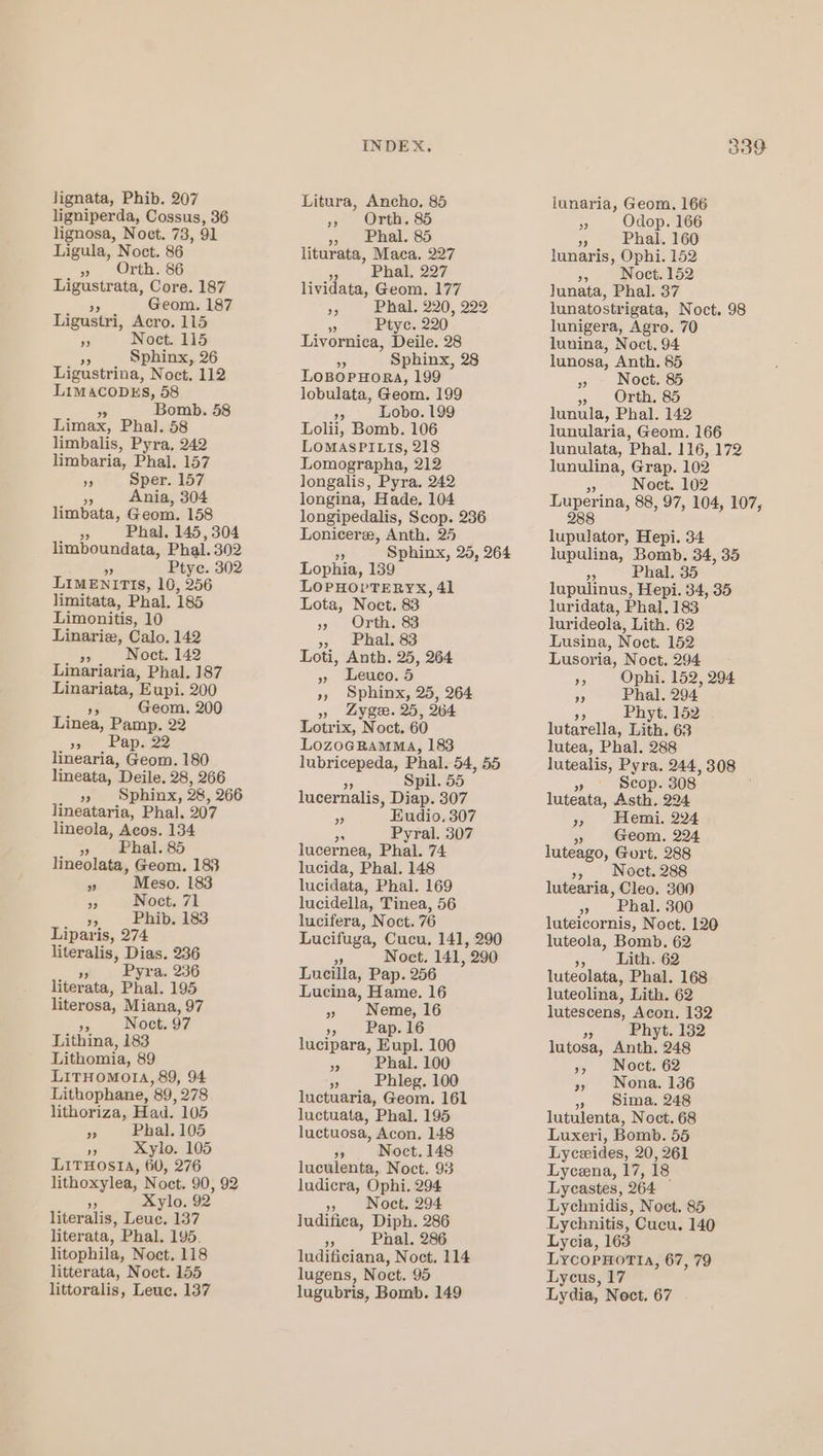 ligniperda, Cossus, 36 lignosa, Noct. 78, 91 Ligula, Noct. 86 ay eOrthace Ligustrata, Core. 187 Geom. 187 Ligustri, Acro. 115 i Noct. 115 a Sphinx, 26 Ligustrina, Noct. 112 LiMACODES, 58 Ee Bomb. 58 Limax, Phal. 58 limbalis, Pyra, 242 limbaria, Phal. 157 or Sper. 157 i Ania, 304 limbata, Geom. 158 i&gt; Phal. 145,304 limboundata, Phal. 302 Ptyce. 302 LIMENITIS, 16, 256 limitata, Phal. 185 Limonitis, 10 Linarie, Calo. 142 es Noct. 142 Linariaria, Phal. 187 Linariata, Eupi. 200 a3 Geom. 200 Linea, Pamp. 22 see Lape linearia, ae 180 lineata, Deile. 28, 266 » Sphinx, 28, 266 lineataria, Phal. 207 lineola, Acos. 134 » Phal.85 lineolata, Geom. 183 5 Meso. 183 33 Noct. 71 fs Phib. 183 Liparis, 274 literalis, Dias. 236 op Pyra. 236 literata, Phal. 195 literosa, Miana, 97 a Noct. 97 Lithina, 183 Lithomia, 89 LITHOMOTIA, 89, 94 Lithophane, ’89, 278 lithoriza, Had. 105 3 Phal. 105 re Xylo. 105 LiTHosta, 60, 276 lithoxylea, Noct. 90, 92 5 Xylo. 92 literalis, Leuc. 137 literata, Phal. 195. litophila, Noct. 118 litterata, Noct. 155 littoralis, Leuc. 137 INDEX. 0) Orth: 85 5). hal 85 liturata, Maca. 227 5 Phal, 227 lividata, Geom. 177 fe Phal. 220, 222 $ Ptyc. 220° Livornica, Deile. 28 A Sphinx, 28 LoBopuHora, 199 lobulata, Geom. 199 Ae Lobo. 199 Lolii, Bomb. 106 LOMASPILIs, 218 Lomographa, 212 longalis, Pyra. 242 longina, Hade. 104 longipedalis, Scop. 236 Lonicere, Anth. 25 Sphinx, 25, 264 Lophia, 139 LOPHOPTERYX, 41 Lota, Noct. 83 » Orth. 83 &gt;» Phal. 83 Loti, Anth. 25, 264 » Leuco. 5 », Sphinx, 25, 264 » Lyge. 25, 264 Lotrix, Noct. 60 LozoGBRAmMMA, 183 lubricepeda, Phal. 54, 55 Spil. 55 lucernalis, Diap. 307 a Eudio, 307 Pyral. 307 lucernea, Phal. 74 lucida, Phal. 148 lucidata, Phal. 169 lucidella, Tinea, 56 lucifera, Noct. 76 Lucifuga, Cucu, 141, 290 as Noct. 141, 290 Lucilla, Pap. 256 Lucina, Hame. 16 » Neme, 16 », Pap.16 lucipara, Eupl. 100 op Phal. 100 Phleg. 100 luctuaria, Geom. 161 luctuata, Phal. 195 luctuosa, Acon, 148 ‘% Noct. 148 luculenta, Noct. 93 ludicra, Ophi. 294 » Noct. 294 ludifica, Diph. 286 is Phal. 286 ludificiana, Noct. 114 lugens, Noct. 95 lugubris, Bomb. 149 339 lunaria, Geom. 166 0 Odop. 166 _ Phal. 160 lunaris, Ophi. 152 3 - Noe 152 Junata, Phal. 37 lunatostrigata, Noct. 98 lunigera, Agro. 70 lunina, Noct, 94 lunosa, Anth. 85 » — Noct. 85 » Orth, 85 lunula, Phal. 142 lunularia, Geom. 166 lunulata, Phal. 116, 172 lunulina, Grap. 102 5F, Noct. 102 Luperina, 88, 97, 104, 107, 288 lupulator, Hepi. 34 lupulina, Bomb. 34, 35 55 Phal. 35 lupulinus, Hepi. 34, 35 luridata, Phal. 183 lurideola, Lith. 62 Lusina, Noct. 152 Lusoria, Noct. 294 D Ophi. 152, 294 0 Phal. 294 oi Phyt, 152 lutarella, Lith. 63 lutea, Phal. 288 lutealis, Pyra. 244, 308 » \ Scop. 308 luteata, Asth, 294 » Hemi. 224 3 Geom. 224 luteago, Gort. 288 », _ Noct. 288 lutearia, Cleo. 300 » Phal. 300 luteicornis, Noct. 120 luteola, Bomb. 62 », Lith. 62 luteolata, Phal. 168 luteolina, Lith. 62 lutescens, Acon. 132 3 Phyt. 132 lutosa, Anth, 248 », Noct. 62 » Nona. 136 » Sima, 248 lutulenta, Noct. 68 Luxeri, Bomb. 55 Lyceides, 20, 261 Lycena, 17, 18 Lycastes, 264 Lychnidis, Noct. 85 Lychnitis, Cucu. 140 Lycia, 163 LycopHotTtia, 67, 79 Lycus, 17 Lydia, Noct. 67