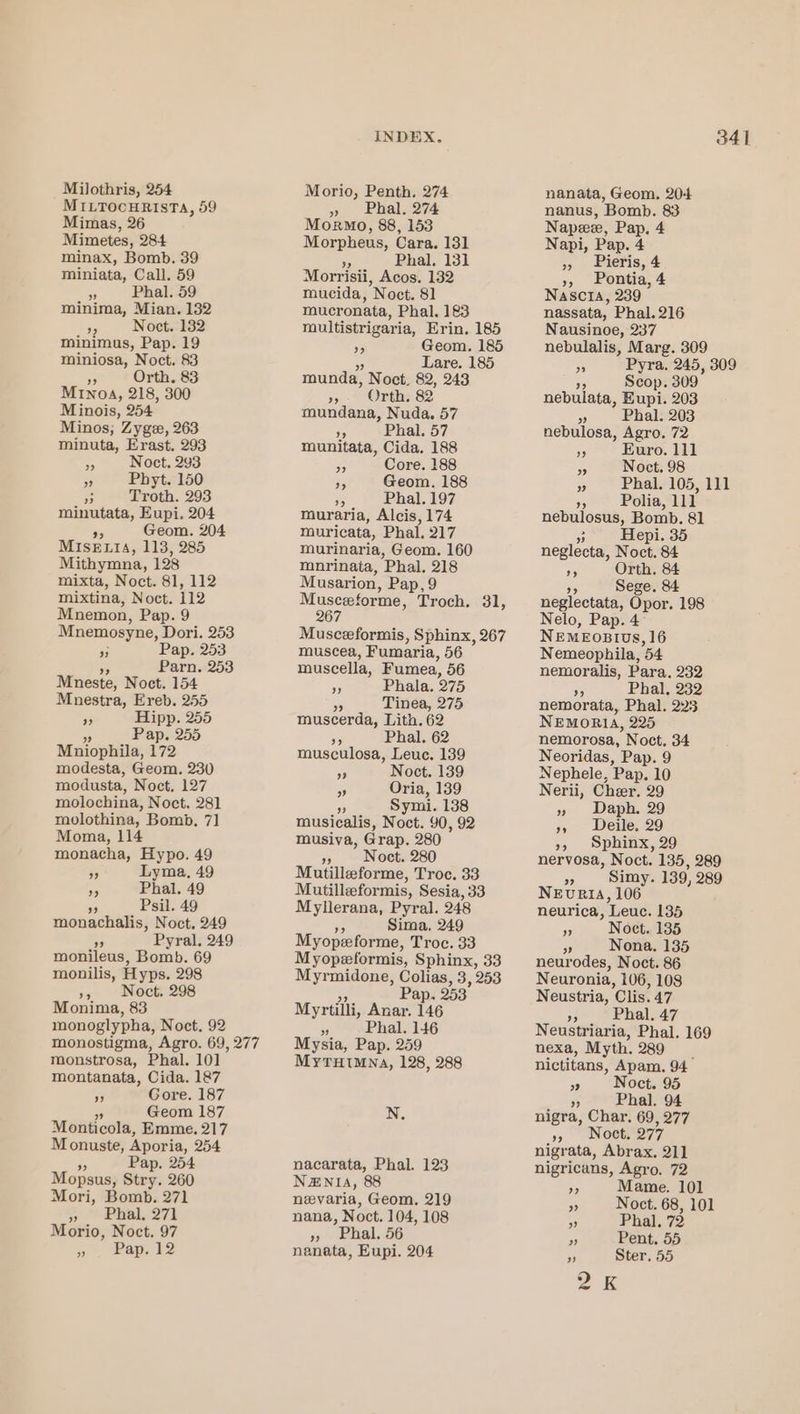MILTOCHRISTA, 59 Mimas, 26 Mimetes, 284 minax, Bomb. 39 mMiniata, Call. 59 Ss Phal. 59 minima, Mian. 132 re Noct. 132 minimus, Pap. 19 miniosa, Noct. 83 Fe Orth. 83 MInoa, 218, 300 Minois, 254 Minos; Zyge, 263 minuta, Erast. 293 , Noct. 293 i Phyt. 150 ‘- Troth. 293 minutata, Eupi. 204 45 Geom. 204 MISELIA, 113, 285 Mithymna, 128 mixta, Noct. 81, 112 mixtina, Noct. 112 Mnemon, Pap. 9 Mnemosyne, Dori. 253 3 Pap. 253 Parn. 253 Mneste, Noct. 154 Mnestra, Ereb. 255 ” Hipp. 255 Pap. 255 Mniophila, 172 modesta, Geom. 230 modusta, Noct, 127 molochina, Noct. 28] molothina, Bomb. 7] Moma, 114 monacha, Hypo. 49 as Lyma. 49 oy Phal. 49 s Psil. 49 monachalis, Noct. 249 a: Pyral. 249 monileus, Bomb. 69 monilis, Hyps. 298 », Noct. 298 Monima, 83 monoglypha, Noct. 92 monostigma, Agro. 69, 277 monstrosa, Phal. 10] montanata, Cida. 187 ” Gore. 187 A Geom 187 Monticola, Emme. 217 Monuste, Aporia, 254 2 Pap. 254 Mopsus, Stry. 260 Mori, Bomb. 271 3, eRhal 270 Morio, Noct. 97 sy ape INDEX. » Phal. 274 Mormo, 88, 153 Morpheus, Cara. 131 a Phal. 131 Morrisii, Acos. 132 mucida, ’Noct. 81 mucronata, Phal. 183 multistrigaria, Erin, 185 Ae Geom. 185 Lare. 185 munda, Noct, 82, 243 0 OLthy 82 mundana, Nuda. 57 56 Phal. 57 munitata, Cida. 188 eh Core. 188 De Geom. 188 a5 Phal. 197 muraria, Alcis, 174 muricata, Phal. 217 murinaria, Geom. 160 mnrinata, Phal, 218 Musarion, Pap,9 Musee forme, Troch. 31, 267 Musceeformis, Sphinx, 267 muscea, Fumaria, 56 muscella, Fumea, 56 ne Phala. 275 me Tinea, 275 muscerda, Lith. 62 55 Phal. 62 musculosa, Leuc. 139 ir Noct. 139 3 Oria, 139 oh Symi. 138 musicalis, Noct. 90, 92 musiva, Grap. 280 » Noct. 280 Mutilleforme, Troc, 33 Mutilleformis, Sesia, 33 Myllerana, Pyral. 248 A Sima, 249 Myopeforme, Troc. 33 Myopeformis, Sphinx, 33 Myrmidone, Colias, 3, 253 Pap 253° Myrtilli, Anar. 146 is Phal. 146 Mysia, Pap. 259 MyYTHIMNA, 128, 288 N. nacarata, Phal. 123 N#nIA, 88 nevaria, Geom. 219 nana, Noct. 104, 108 », Phal. 56 nenata, Eupi. 204 341 nanata, Geom. 204 nanus, Bomb. 83 Napew, Pap. 4 Napi, Pap. 4 » Pieris, 4 », Pontia, 4 Nascia, 239 nassata, Phal. 216 Nausinoe, 237 nebulalis, Marg. 309 a Pyra. 245, 309 ae Scop. 309° nebulata, Eupi. 203 x Phal. 203 nebulosa, Agro. 72 . Euro. 111 re Noct. 98 os Phal. 105, 111 %9 Polia, ir nebulosus, Bomb. 81 si Hepi. 35 neglecta, Nock: 84 A Orth, 84 on Sege. 84 neglectata, Opor. 198 Nelo, Pap. 4 NEMEOBIUS, 16 Nemeophila, 54 nemoralis, Para. 232 os Phal, 232 nemorata, Phal. 225 NEMORIA, 225 nemorosa, Noct, 34 Neoridas, Pap. 9 Nephele, Pap. 10 Nerii, Cher, 29 » Daph. 29 », Deile. 29 », Sphinx, 29 nervosa, Noct. 135, 289 3 Simy. 139, 289 NeEvpeia, 106 neurica, ‘Leuc. 135 ie Noct. 135 os Nona. 135 neurodes, Noct. 86 Neuronia, 106, 108 Neustria, Clis. 47 5 Phal. 47 Neustriaria, Phal. 169 nexa, Myth. 289 nictitans, Apam. 94 ar Noct. 95 a Phal, 94 nigra, Char. 69, 277 » Noct.277 nigrata, Abrax. 211 nigricans, Agro. 72 om Mame. 101 4 Noct. 68, 101 Ap Phal. 73 os Pent. 55 p Ster. 55 2 Kk