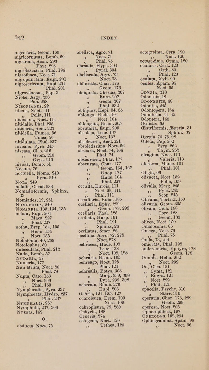 nigricaria, Geom. 160 nigricornutus, Bomb. 69 nigrirena, Acon. 293 a5 Phyt. 293 nigrofasciaria, Phal. 194 nigrofusca, Noct. 71 nigropunctata, Eupi. 201 nigrosericeata, Eupi. 201 a Phal. 201 nigrovenosus, Pap. 3 Niobe, Argy. 258 » Pap. 258 NISONIADES, 22 nitens, Noct. 111 5) . Bolias jal nitensina, Noct. 111 nitidalis, Phal. 235 nitidaria, Acid. 223 nitidella, Fumea, 56 6 Tinea, 56 nitidulata, Phal. 237 nivealis, Pyra. 245 niveata, Cleo. 216 9 Geom. 210 » Gyps. 210 nivosa, Bomb. 51 Noctua, 76 noctuella, Nomo. 240 nolalis, Cleod. 233 Nomadeformis, Sphinx, 33 Nomiades, 19, 261 NoMOPHILA, 240 NonaGpeia, 133, 134, 135 notata, Hupi. 204 » Maca, 227 », Phal. 227 notha, Brep. 154, 155 » Hemi. 154 » Noct. 155 Notodonta, 40, 269 Notolophus, 50 nubeculata, Phal. 212 Nuda, Bomb. 57 NvuDaARIA, 57 Numeria, 177 Nun-atrum, Noct. 80 A Phal. 78 Nupta, Cato. 153 » Noct. 296 » Phal. 153 Nymphealis, Pyra. 237 Nympheata, Hydro. 237 af Phal. 237 NYMPHALIS, 257 Nymphula, 237, 306 Nyssra, 162 O. obducta, Noct. 75 obelisca, Agro. 71 6 Noct. 71 Jp Phal. 75 obesalis, Hype. 304 36 Pyral. 304 obeliscata, Agro. 73 59 Noct. 73 obfusecata, Char. 176 Geom. 176 obliquata, Chesias, 207 AS Euce. 207 op Geom. 207 BS Phal. 232 obliquus, Hepi. 34, 35 oblonga, Hade. 104 a5 Noct. 104 oblongata, Geom. 205 obrutaria, Kupi. 205 obsoleta, Leuc. 137 as Noct. 137 obsoletaria, Acid. 221 obsoletissima, Noct. 66 obscura, Noct. 74, 104 &lt;5 Phal. 74 obscuraria, Char. 177 obscurata, Char. 177 aa * Geom. 164, 167 eS Gnop. 177° a Hade. 104 9 Phal. 227 occulta, Eurois, 111 » Noct. 92, 111 37&gt; ehaly dy occultaria, Eubo. 185 ocellaria, Ephy. 299 6 Geom. 179, 299 ocellaris, Phal. 125 ocellata, Harp. 191 35 Phal. 191 Sphinx, 26 ocellatus, Smer. 26 ocellina, ‘Agro. 72, 278 6) Noct. 278 ochracea, Hade. 108 3) Leuc. 138 6 Noct. 108, 128 ochraria, Geom. 165 ochreago, Noct. 125 6 Phal. 124 ochrealis, Botys, 308 5 Marg. 239, 308 a Pyra. 239, 308 ochreata, Bomb. 276 Kupi. 203 Ochria, 121, 125, 127 ochroleuca, Erem. 109 oo Noct. 109 ochropleura, 79, 280 Ochyria, 188 Ocneria, 274 octogena, Noct. 120 8 Tethea, 120 octogesima, Cera. 120 7 Noct. 120 octogezima, Cyma, 120 ocularis, Cera. 120 BS Orth. 80 a Phal. 120 oculata, Xyli. 90 oculea, Apam. 95 » Noct. 95 ODEZIA, 218 Odonesis, 48 OpongEsrTis, 48 Odontia, 245 Odontopera, 164 Odontosia, 41, 42 Odoptera, 165 (Enistis, 62 CGstriformis, Aigeria, 31 Sphinx, 32 Ogygia, 70, 75, 98 Oileus, Pap. 262 » . byrea262 5, Thym. 262 oleagina, Noct. 113 “ Valeria, 113 oleracea, Mame. 101 bs Phal. 101 Oligia, 96 olivacea, Noct. 152 op Polia, 109 olivalis, Marg. 245 », Pyra. 245 » Scop. 245 Olivana, Tortrix, 150 olivaria, Geom. 305 olivata, Cida. 1838 5 Core. 188 s&gt; Geom. 188 olivea, Noct. 150 Omalosoma, 86 Omega, Noct. 76 », _Phal.76 Omia, 73, 244 omicrata, Phal. 198 omicronaria, Ephyra, 178 Geom. 178 Ononis, Helio. 292 » Noct. 292 Oo, Cleo. 121 », Cyma, 121 » Hugra. 121 » Noct. 292 », Phal. 121 opacella, Psyche, 310 x) Sterr. 310 operaria, Char. 176, 299 0 Geom. 299 operosa, Noct. 205 Opherophtera, 197 OPHIODES, 152, 294 Ophiogramma, Apam. 96 as Noct. 96