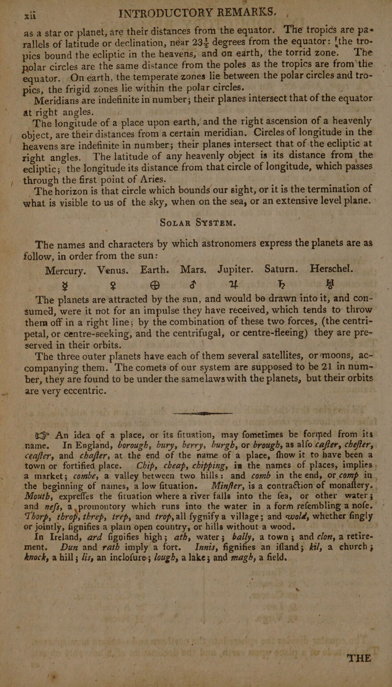 : ‘ : ; = YL 2 en a ~ sit INFRODUCTORY REMARKS. , as a star or planet, are their distances from the equator. The tropics are pas rallels of latitude or declination, néar 234 degrees from the equator: [the tro- pics bound the ecliptic in the heavens, and on earth,/the torrid zone. The polar circles are the same distance from the poles as the tropics are from ‘the equator. Onearth, the temperate zones lie between the polar circles and tro- pics, the frigid zones lie within the polar circles. ‘ Meridians are indefinite in number; their planes intersect that of the equator at right angles. | ; ; The longitude of a place upon earth, and the right ascension of a heavenly object, are their distances from a certain meridian. Circles of longitude in the heavens are indefinite in number; their planes intersect that of the ecliptic at right angles. The latitude of any heavenly object is its distance from the ecliptic; the longitude its distance from that circle of longitude, which passes -through the first point of Aries. ~The horizon is that circle which bounds our sight, or it is the termination of what is visible to us of the sky, when on the sea, or an extensive level plane. SoLAR SYSTEM. The names and characters by which astronomers express the planets are as follow, in order from the sun: Mercury. Venus. Earth. Mars. Jupiter. Saturn. Herschel. 2 tn 2 Se) 3 pis h i The planets are attracted by the sun, and would be drawn into it, and con- sumed, were it not for an impulse they have received, which tends to throw them off in a right line; by the combination of these two forces, (the centri- petal, or centre-seeking, and the centrifugal, or centre-fleeing) they are pre- served in their orbits. | The three outer planets have each of them several satellites, or’moons, ac- companying them. The comets of our system are supposed to be 21 in num- ber, they are found to be under the samelaws with the planets, but their orbits are very eccentric. ee 5 os ah a&gt; An idea of a place, or its fituation, may fometimes be formed from its mame. In England, borough, bury, berry, burgh, or brough, as allo caffer, chefter, ceaffer, and chajter, at the end of the name of a place, fhow it to have been a town or fortified place. Chip, cheap, chipping, in the names of places, implies a market; combe, a valley between two hills: and comb in the end, or comp in the beginning of names, a low fituation. Minfler, is a contraction of monaftery. _ Mouth, expreffes the fituation where a river falls into the fea, or other water; and zefs, a,promontory which runs into the water in a form refembling a nofe. Thorp, throp, threp, trep, and trop, all fygnifya village; and «wold, whether fingly or jointly, fignifies a plain open country, or hills without a wood. i | In Ireland, ard fignifies high; ath, water; bally, a town; and clon, a retire- ment. Dun and rath imply a fort. Innis, fignifies an ifland; ki/, a church; knock, a hill; dis, an inclofure; dough, a lake; and magh, a field. THE