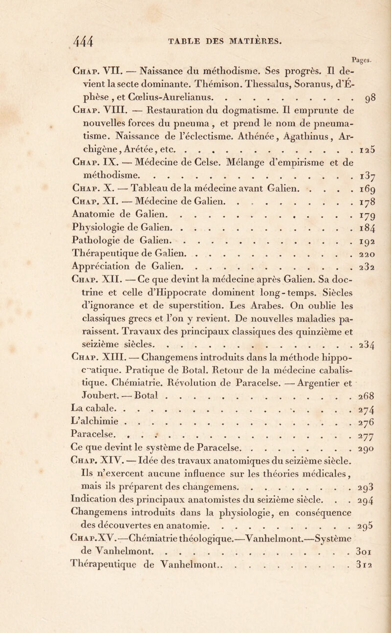 Pages. Chap. VII. — Naissance du méthodisme. Ses progrès. Il de- vient la secte dominante. Thémison. Thessalus, Soranus, d’É- phèse , et Coelius-Aurelianus 98 Chap. VIII. — Restauration du dogmatisme. Il emprunte de nouvelles forces du pneu ma , et prend le nom de pneuma- tisme. Naissance de l’éclectisme. Athénée, Àgatliinus, Ar- chigène, Arétée, etc 125 Chap. IX. — Médecine de Celse. Mélange d’empirisme et de méthodisme 137 Chap. X. — Tableau de la médecine avant Galien 169 Chap. XI.—Médecine de Galien. . 178 Anatomie de Galien 179 Physiologie de Galien 184 Pathologie de Galien 192 Thérapeutique de Galien 220 Appréciation de Galien 232 Chap. XII. —Ce que devint la médecine après Galien. Sa doc- trine et celle d’Hippocrate dominent long-temps. Siècles d’ignorance et de superstition. Les Arabes. On oublie les classiques grecs et l’on y revient. De nouvelles maladies pa- raissent. Travaux des principaux classiques des quinzième et seizième siècles 234 Chap. XIII. — Changemens introduits dans la méthode hippo- cratique. Pratique de Botal. Retour de la médecine cabalis- tique. Chémiatrie. Révolution de Paracelse. —Argentier et Jouhert. ■—Botal 268 La cabale - 274 L’alchimie 276 Paracelse. 277 Ce que devint le système de Paracelse 290 Chap. XIV. — Idée des travaux anatomiques du seizième siècle. Ils n’exercent aucune influence sur les théories médicales, mais ils préparent des changemens 298 Indication des principaux anatomistes du seizième siècle. . . 294 Changemens introduits dans la physiologie, en conséquence des découvertes en anatomie 295 Chap.XV.—Chémiatrie théologique.—Vanhelmont.—Système de Vanhelmont 3oi Thérapeutique de Vanhelmont 3i2