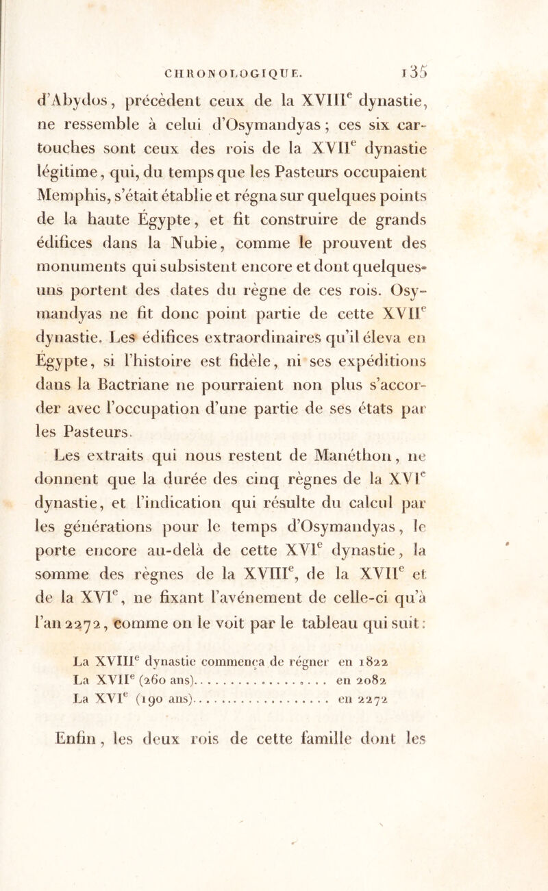 d’Abydos, précèdent ceux de la XVIIF dynastie, ne ressemble à celui d’Osymandyas ; ces six car- touches sont ceux des rois de la XVIIe dynastie légitime, qui, du temps que les Pasteurs occupaient Memphis, s’était établie et régna sur quelques points de la haute Égypte, et fit construire de grands édifices dans la Nubie, comme le prouvent des monuments qui subsistent encore et dont quelques* uns portent des dates du règne de ces rois. Osy- mandyas ne fit donc point partie de cette XVIF dynastie. Les édifices extraordinaires qu’il éleva en Egypte, si l’histoire est fidèle, ni ses expéditions dans la Bactriane ne pourraient non plus s’accor- der avec l’occupation d’une partie de ses états par les Pasteurs. Les extraits qui nous restent de Manéthon, ne donnent que la durée des cinq règnes de la XVT dynastie, et l’indication qui résulte du calcul par les générations pour le temps d’Osymandyas, le porte encore au-delà de cette XVIe dynastie, la somme des règnes de la XVIIIe, de la XVIIe et de la XVIe, ne fixant l’avènement de celle-ci qu’à l’an2272, comme on le voit par le tableau qui suit: La XVIIIe dynastie commença de régner en 1822 La XVIIe (260 ans) en 2082 La XVIe (190 ans) en 2272 Enfin , les deux rois de cette famille dont les