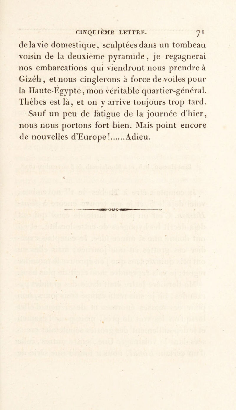 delavie domestique, sculptées dans un tombeau voisin de la deuxième pyramide, je regagnerai nos embarcations qui viendront nous prendre à Gizéh, et nous cinglerons à force de voiles pour / la Haute-Egypte, mon véritable quartier-général. Thèbes est là, et on y arrive toujours trop tard. Sauf un peu de fatigue de la journée d'hier, nous nous portons fort bien. Mais point encore de nouvelles d’Europe! Adieu.