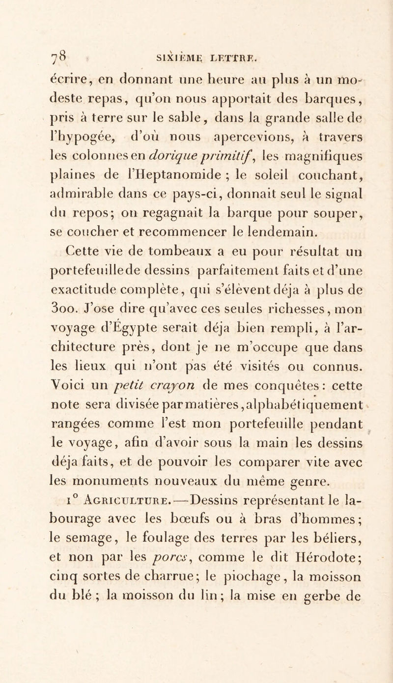 7B sixième; lf.ttrf.. écrire, en donnant une heure au plus à un mo- deste repas, qu’on nous apportait des barques, pris à terre sur le sable, dans la grande salle de l’hypogée, d’où nous apercevions, à travers les colonnes en dorique primitif, les magnifiques plaines de l’Heptanomide ; le soleil couchant, admirable dans ce pays-ci, donnait seul le signal du repos; on regagnait la barque pour souper, se coucher et recommencer le lendemain. Cette vie de tombeaux a eu pour résultat un portefeuillede dessins parfaitement faits et d’une exactitude complète, qui s’élèvent déjà à plus de 3oo. J’ose dire qu’avec ces seules richesses, mon voyage d’Egypte serait déjà bien rempli, à l’ar- chitecture près, dont je ne m’occupe que dans les lieux qui n’ont pas été visités ou connus. Voici un petit crayon de mes conquêtes: cette note sera divisée parmatières,alphabétiquement rangées comme l’est mon portefeuille pendant le voyage, afin d’avoir sous la main les dessins déjà faits, et de pouvoir les comparer vite avec les monuments nouveaux du même genre. i° Agriculture.—Dessins représentant le la- bourage avec les bœufs ou à bras d’hommes; le semage, le foulage des terres par les béliers, et non par les porcs, comme le dit Hérodote; cinq sortes de charrue; le piochage, la moisson du blé ; la moisson du lin; la mise en gerbe de