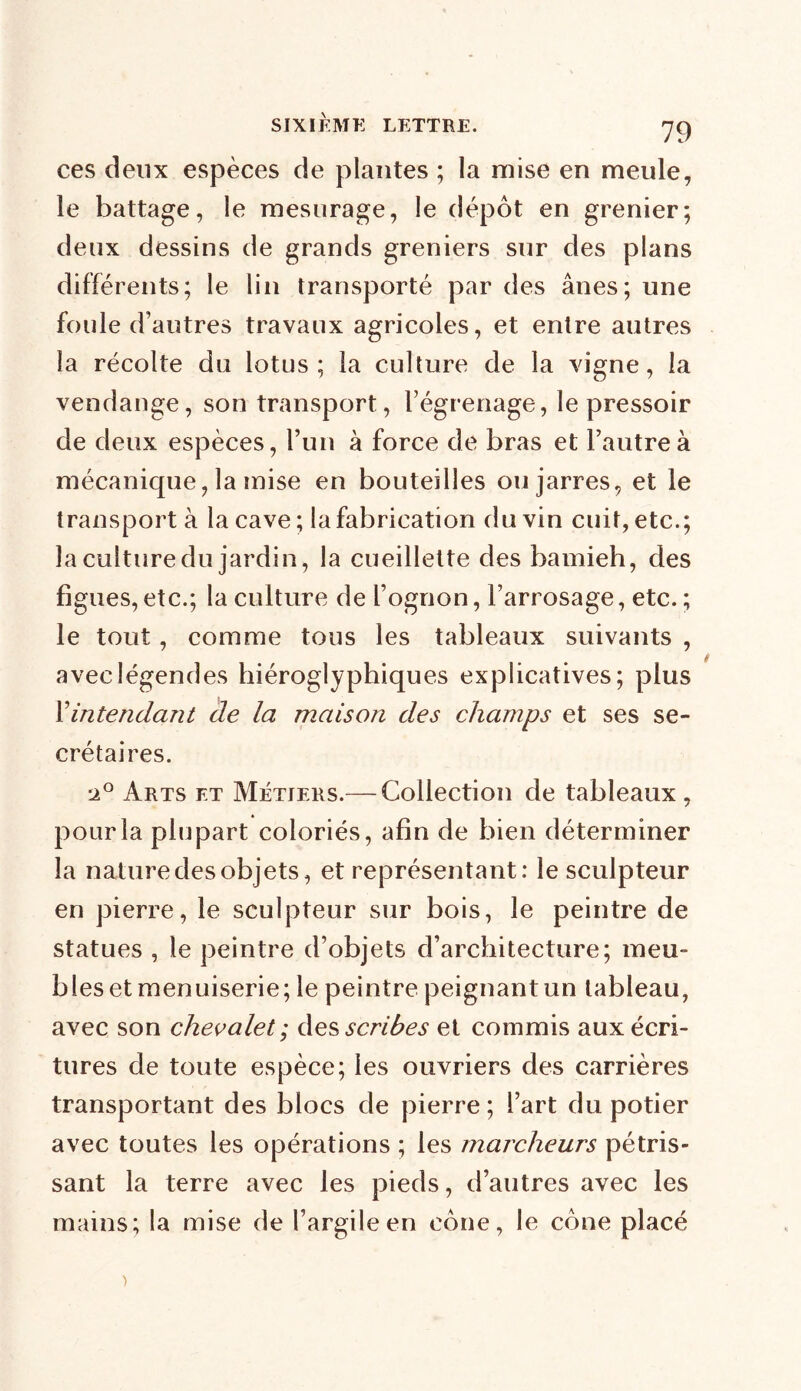 ces deux espèces de plantes ; la mise en meule, le battage, le mesurage, le dépôt en grenier; deux dessins de grands greniers sur des plans différents; le lin transporté par des ânes; une foule d’autres travaux agricoles, et entre autres la récolte du lotus; la culture de la vigne, la vendange, son transport, l’égrenage, le pressoir de deux espèces, l’un à force de bras et l’autre à mécanique, la mise en bouteilles ou jarres, et le transport à la cave ; la fabrication du vin cuit, etc.; la culture du jardin, la cueillette des bamieh, des figues, etc.; la culture de l’ognon, l’arrosage, etc. ; le tout, comme tous les tableaux suivants , avec légendes hiéroglyphiques explicatives; plus l'intendant de la maison des champs et ses se- crétaires. :2° Arts et Métiers.— Collection de tableaux , pour la plupart coloriés, afin de bien déterminer la nature des objets, et représentant: le sculpteur en pierre, le sculpteur sur bois, le peintre de statues , le peintre d’objets d’architecture; meu- bles et menuiserie; le peintre peignant un tableau, avec son chevalet; des scribes et commis aux écri- tures de toute espèce; les ouvriers des carrières transportant des blocs de pierre ; l’art du potier avec toutes les opérations ; les marcheurs pétris- sant la terre avec les pieds, d’autres avec les mains; la mise de l’argile en cône, le cône placé