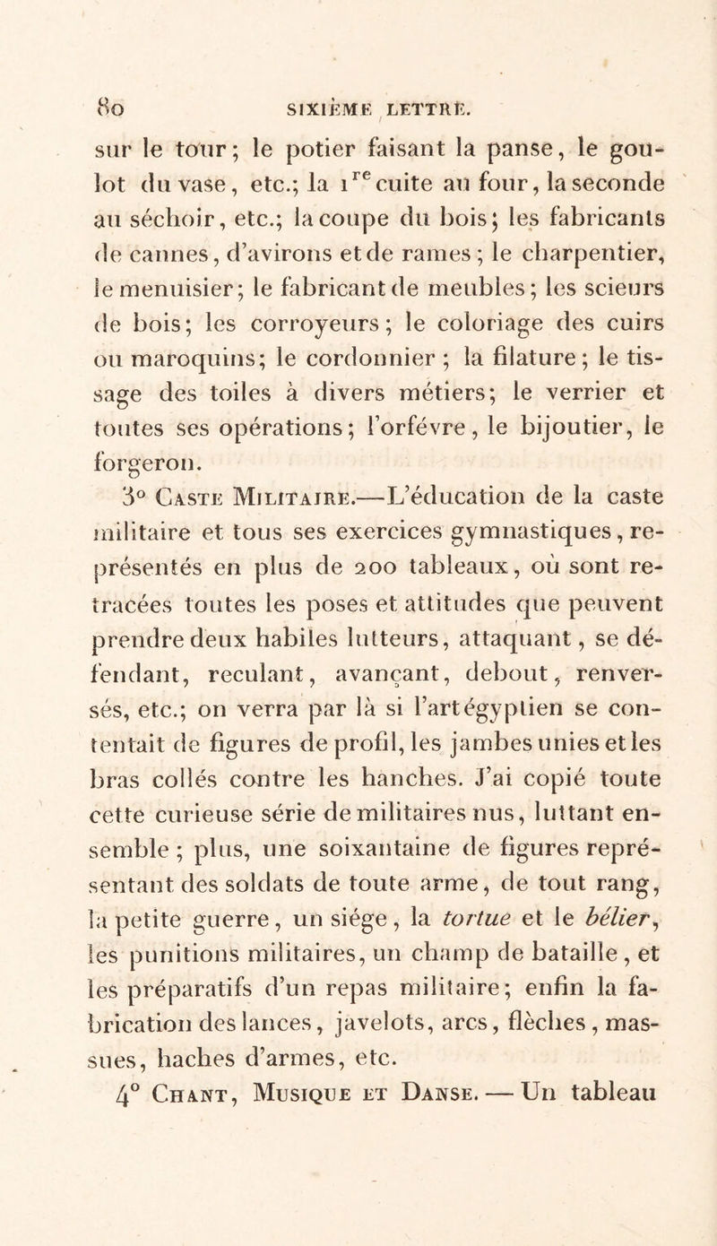 / sur le tour; le potier faisant la panse, le gou- lot du vase, etc.; la ire cuite au four, la seconde au séchoir, etc.; la coupe du bois; les fabricants de cannes, d’avirons et de rames ; le charpentier, le menuisier; le fabricant de meubles; les scieurs de bois; les corroyeurs ; le coloriage des cuirs ou maroquins; le cordonnier ; la filature; le tis- sage des toiles à divers métiers; le verrier et toutes ses opérations; l’orfévre, le bijoutier, le forgeron. 8° Caste Militaire.—L’éducation de la caste militaire et tous ses exercices gymnastiques, re- présentés en plus de 200 tableaux, où sont re- tracées toutes les poses et attitudes que peuvent prendre deux habiles lutteurs, attaquant, se dé- fendant, reculant, avançant, debout, renver- sés, etc.; on verra par là si l’art égyptien se con- tentait de figures de profil, les jambes unies et les bras collés contre les hanches. J’ai copié toute cette curieuse série de militaires nus, luttant en- semble ; plus, une soixantaine de figures repré- sentant des soldats de toute arme, de tout rang, la petite guerre, un siège, la tortue et le bélier, les punitions militaires, un champ de bataille, et les préparatifs d’un repas militaire; enfin la fa- brication des lances, javelots, arcs, flèches, mas- sues, haches d’armes, etc. 4° Chant, Musique et Danse. — Un tableau