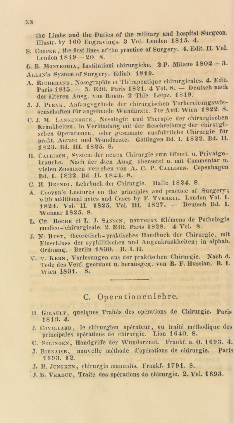 the Limbs and (he Duties of the military and hospital Surgeon. Illustr. by 160 Engravings. 3 Vol. London 1815. 4. S. Cooper, the first lines of the practice of Surgery. 4. Edit. II- Vol. London 1819 — 20. 8. G. B. Monteggia, Institution! chirurgiche. 2 P. Milano 1802— 3. Allan’s System of Surgery. Edinb. 1819. A. Riciieranu, Nosographie et Thi'rapeutique chirurgicales. 4. Edit. Paris 1815. — 5. Edit. Paris 1821. 4 Vol. 8. — Deutsch nach der älteren Ausg. von Robbi. 2 Tlile. Leipz. 1819. J. J. Plenk, Anfangsgründe der chirurgischen Vorbereitungswis- senschaften für angehende Wundärzte. 7teAufl. Wien 1822. 8. €- X M. Langenbeck, Nosologie und Therapie der chirurgischen Krankheiten, in Verbindung mit der Beschreibung der chirurgi- schen Operationen, oder gesammte ausführliche Chirurgie lür prakt. Aerzte und Wundärzte. Göttingen Bd. I. 1822. ßd. II. 1823. Bd. 111. 1825. 8. H. Cai.lisen, System der neuen Chirurgie zum öffentl. u. Privatge- brauche. Näcli der 4ten Ausg. übersetzt u. mit Commentar u. vielen Zusätzen ven eben von A. C. P. Callisen. Copenhagen Bd. I. 1822. Bd. II. 1824. 8. C. II. Dzondi, Lehrbuch der Chirurgie. Halle 1824. 8. A. Cooper’s Lectures on the principles and practice of »Surgery; Avith additional notes and Cases by F. Tyrrell. London Vol. I. 1824. Vol. II. 1825. Vol. III. 1827. — Deutsch Bd. I. Weimar 1825. 8. L. Ch. Roche et L. J. Sanson, nouveaux Elcmens de Pathologie medico - chirurgicale. 2. Edit. Paris 1828. 4 Vol. 8. J. N. Rust, theoretisch-praktisches Handbuch der Chirurgie, mit Einschluss der syphilitischen und Augenkrankheiten; in alpliab. Ordnung. Berlin 1830. B. I- II- V. v. Kern, Vorlesungen aus der praktischen Chirurgie. Nach d. Tode des Verf. geordnet u. herausgeg. von R. F. Hussian. B. I. Wien 1831. 8. C. Operationen lehre. H Girault, quelques Traites des operations de Chirurgie. Paris 1810. 4. X Covillard, le Chirurgien Operateur, ou traite methodique des principales operations de Chirurgie. Lion 1640. 8. C. Solingen, Handgriffe der Wundarznei. Frankf. a. 0. 1693. 4. .1. Bienaise, nouvelle methode doperations de Chirurgie. Paris 1693. 12. J. ILJungken, chirurgia manualis. Frankf. 1791. 8. J. B. Veiiduc, Traite des operations de Chirurgie. 2. Vol. 1693.