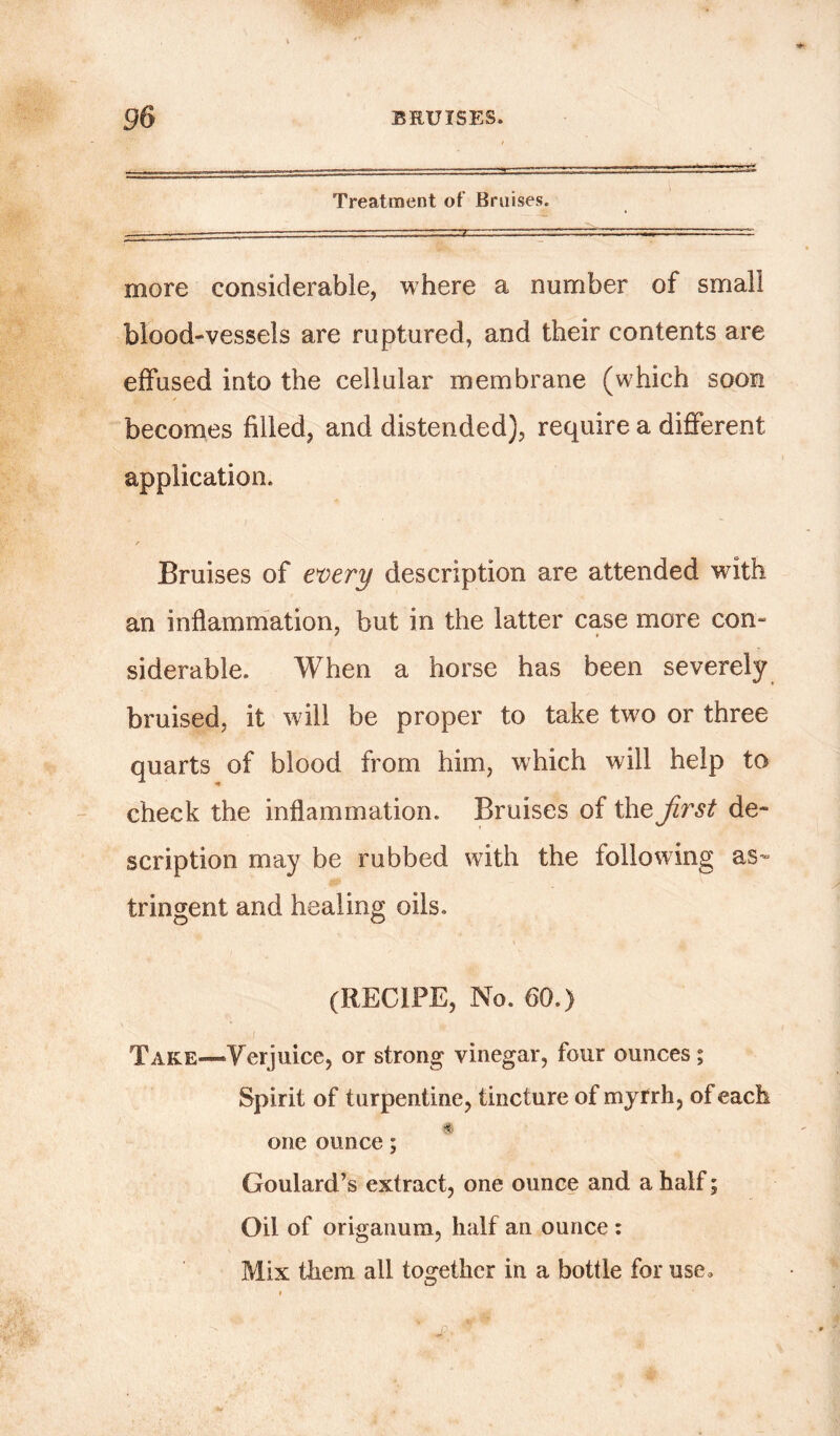 Treatment of Bruises. more considerable, where a number of small blood-vessels are ruptured, and their contents are effused into the cellular membrane (which soon becomes filled, and distended), require a different application. / Bruises of every description are attended with an inflammation, but in the latter case more con- siderable. When a horse has been severely bruised, it will be proper to take two or three quarts of blood from him, which will help to check the inflammation. Bruises of the first de- scription may be rubbed with the following as- tringent and healing oils. (RECIFE, No. 60.) Take—Verjuice, or strong vinegar, four ounces; Spirit of turpentine, tincture of myfrh, of each one ounce; Goulard’s extract, one ounce and a half; Oil of origanum, half an ounce : Mix them all together in a bottle for use.