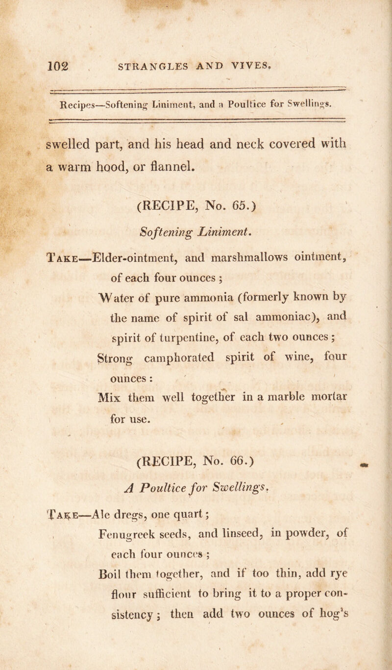 Recipes—Softening Liniment, and a Poultice for Swellings. swelled part, and his head and neck covered with a warm hood, or flannel. (RECIPE, No. 65.) ■ Softening Liniment. Take—Elder-ointment, and marshmallows ointment, of each four ounces ; Water of pure ammonia (formerly known by the name of spirit of sal ammoniac), and spirit of turpentine, of each two ounces ; Strong camphorated spirit of wine, four ounces : Mix them well together in a marble morlar for use. .1* (RECIPE, No. 66.) A Poultice for Swellings. Take—Ale dregs, one quart; Fenugreek seeds, and linseed, in powder, of each four ounces ; Boil them together, and if too thin, add rye flour sufficient to bring it to a proper con- sistency ; then add two ounces of hog's