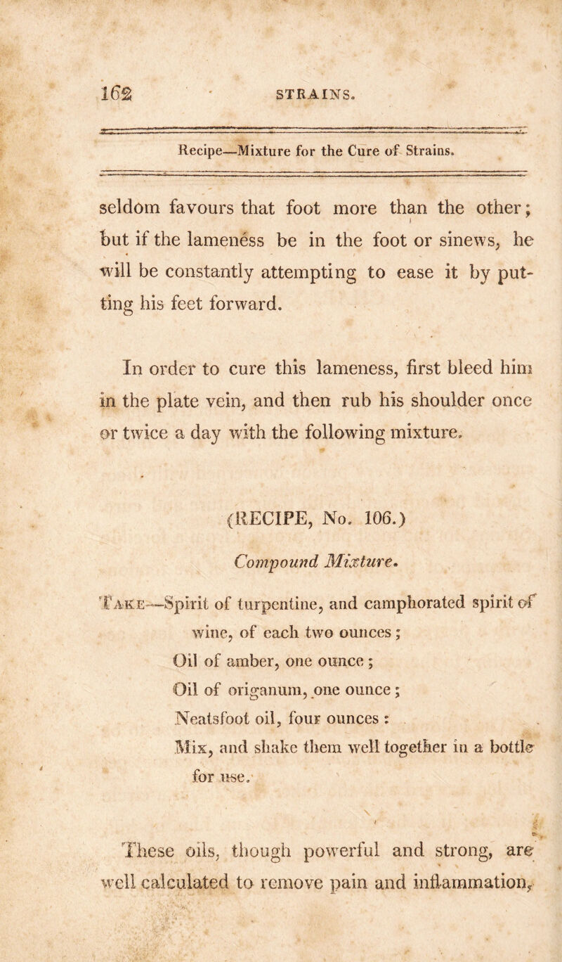 Recipe—Mixture for the Cure of Strains. seldom favours that foot more than the other; i but if the lameness be in the foot or sinews, he will be constantly attempting to ease it by put- ting his feet forward. In order to cure this lameness, first bleed him in the plate vein, and then rub his shoulder once or twice a day with the following mixture. (RECIFE, No. 106.) Compound Mixture. Take—Spirit of turpentine, and camphorated spirit of wine, of each two ounces ; Oil of amber, one ounce ; Oil of origanum, one ounce; Neatsfoot oil, four ounces : Mix, and shake them well together in a bottle for use. \ ^ ev These oils, though powerful and strong, are * well calculated to remove pain and inflammation,