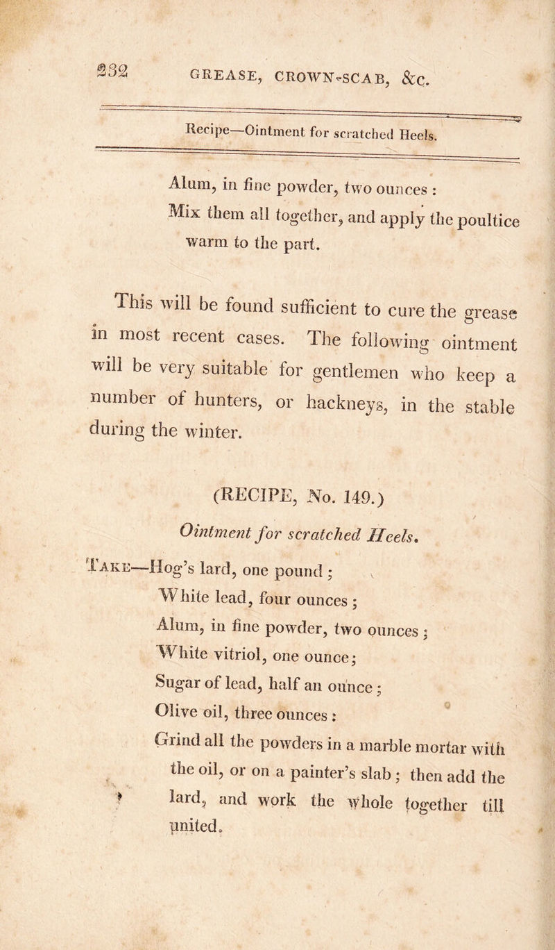 S32 Recipe—Ointment for scratched Heels. Alum, in fine powder, two ounces : Mix them all together, and apply the poultice warm to the part. Ihis will be found sufficient to cure the grease m most recent cases. The following ointment will be very suitable for gentlemen who keep a number of hunters, or hackneys, in the stable during the winter. (RECIPE, No. 149.) / Ointment for scratched Heels. Iake—Hog’s lard, one pound ; v White lead, four ounces ; Alum, in fine powder, two ounces • White vitriol, one ounce; Sugar of lead, half an ounce ; Olive oil, three ounces : Grind all the powders in a marble mortar with the od, or on a painter’s slab ; then add the 1 lard, and work the whole together till united.