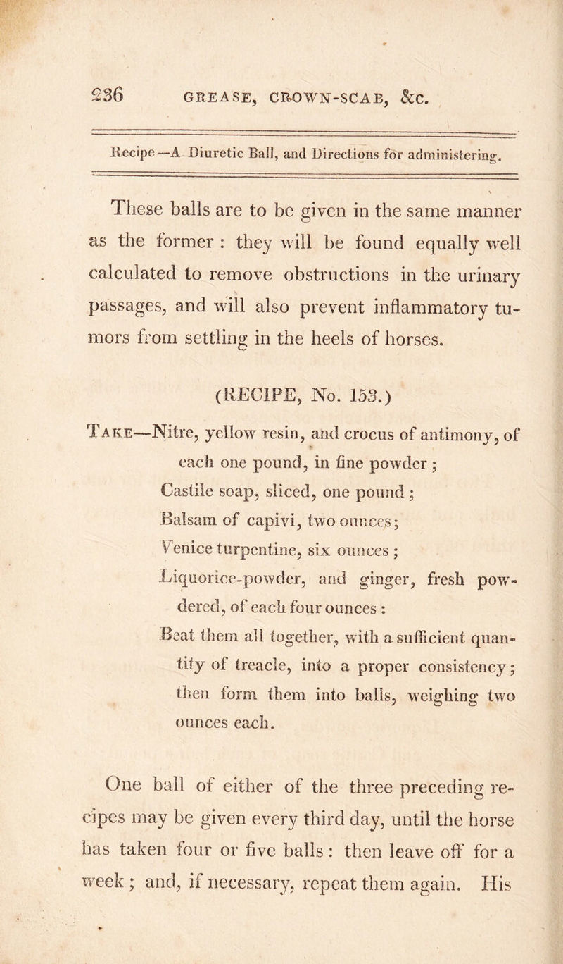 Recipe—A Diuretic Ball, and Directions for administering. ( , \ These balls are to be given in the same manner as the former : they will be found equally well calculated to remove obstructions in the urinary passages, and will also prevent inflammatory tu- mors from settling in the heels of horses. (RECIFE, No. 153.) Take—Nitre, yellow resin, and crocus of antimony, of each one pound, in fine powder ; Castile soap, sliced, one pound; Balsam of capivi, two ounces; V enice turpentine, six ounces ; .Liquorice-powder, and ginger, fresh pow- dered, of each four ounces : Beat them all together, with a suflicient quan- tity of treacle, into a proper consistency; then form them into balls, weighing two ounces each. One ball of either of the three preceding re- cipes may be given every third day, until the horse has taken tour or five balls : then leave off for a week ; and, if necessary, repeat them again. His