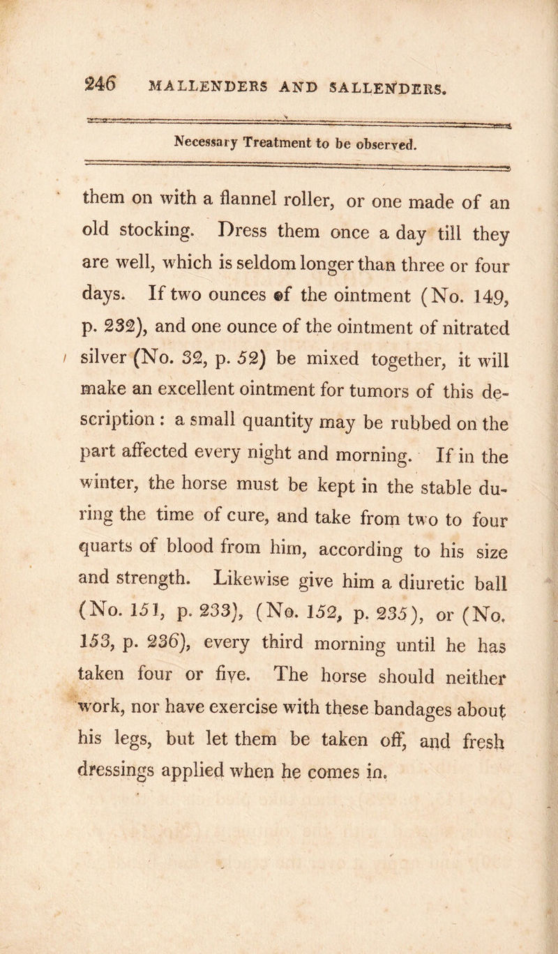 Necessary Treatment to be observed. them on with a flannel roller, or one made of an old stocking. Dress them once a day till they are well, which is seldom longer than three or four days. If two ounces ®f the ointment (No. 149, p. 232), and one ounce of the ointment of nitrated silver (No. 32, p. 52) be mixed together, it will make an excellent ointment for tumors of this de- scription : a small quantity may be rubbed on the part affected every night and morning. If in the winter, the horse must be kept in the stable du- ring the time of cure, and take from two to four quarts ot blood from him, according to his size and strength. Likewise give him a diuretic ball (No. 151, p. 233), (No. 152, p. 235), or (No. 153, p. 236), every third morning until he has taken four or fiye. The horse should neither work, nor have exercise with these bandages about his legs, but let them be taken off, and fresh dressings applied when he comes in.