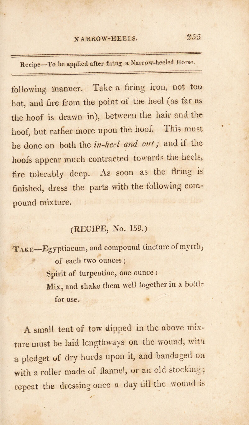 Recipe—To be applied after firing a Narrow-heeled Horse. following manner. Take a firing won, not too hot, and fire from the point of the heel (as far as the hoof is drawn in), between the hair and the hoof, but rattier more upon the hoof. This must be done on both the in-heel and out; and if the hoofs appear much contracted towards the heeis, fire tolerably deep. As soon as the firing is finished, dress the parts with the following com- pound mixture. (RECIPE, No. 159.) Take—Egyptiacum, and compound tincture of myrrh, of each two ounces ; Spirit of turpentine, one ounce : Mix, and shake them well together in a bottle for use. A small tent of tow dipped in the above mix- ture must be laid lengthways on the wound, with a pledget of dry hurds upon it, and bandaged on with a roller made of flannel, or an old stocking; repeat the dressing once a day till the wound is