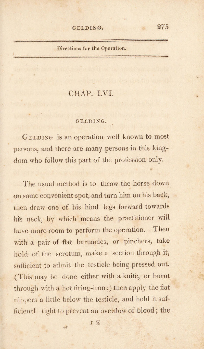 Directions for Hie Operation. CHAP. LVI. GELDING. t Gelding is an operation well known to most persons, and there are many persons in this king- dom who follow this part of the profession only. The usual method is to throw the horse down on some convenient spot, and turn him on his back, then draw one of his hind legs forward towards Ms neck, by which means the practitioner will have more room to perform the operation. Then with a pair of flat barnacles, or pinchers, take hold of the scrotum, make a section through it, sufficient to admit the testicle being pressed out. (This may be done either with a knife, or burnt through with a hot firing-iron ;) then apply the flat nippers a little below the testicle, and hold it suf- ficient! tight to prevent an overflow of blood ; the