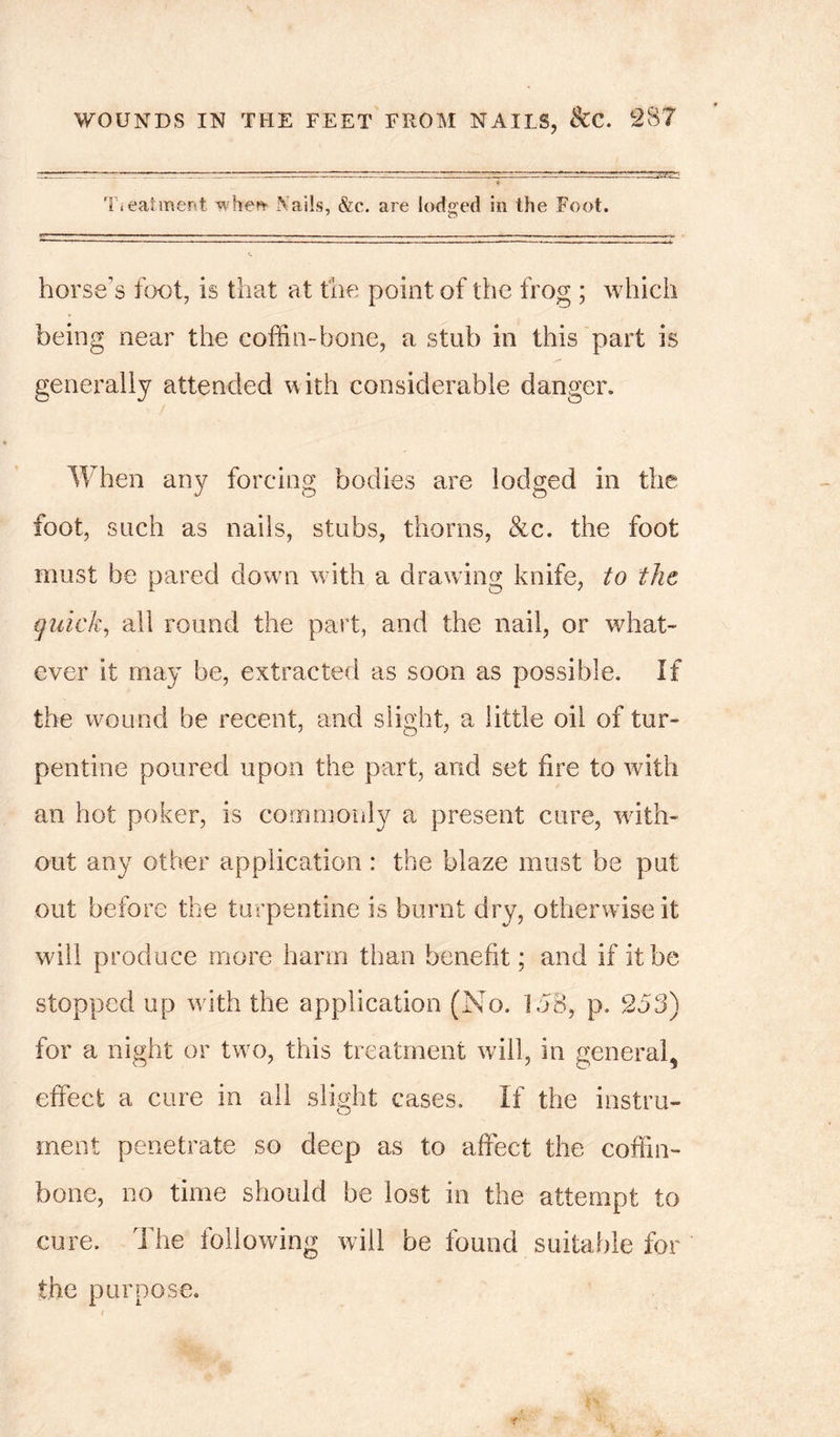 Treatment whet* Nails, &c. are lodged in the Foot. horse’s foot, is that at the point of the frog ; which being near the coffin-bone, a stub in this part is generally attended with considerable danger. When any forcing bodies are lodged in the foot, such as nails, stubs, thorns, &c. the foot must be pared down with a drawing knife, to the quick, all round the part, and the nail, or what- ever it may be, extracted as soon as possible. If the wound be recent, and slight, a little oil of tur- pentine poured upon the part, and set fire to with an hot poker, is commonly a present cure, with- out any other application : the blaze must be put out before the turpentine is burnt dry, otherwise it will produce more harm than benefit; and if it be stopped up with the application (No. lb8, p. 253) for a night or two, this treatment will, in general, effect a cure in all slight cases. If the instru- ment penetrate so deep as to affect the coffin- bone, no time should be lost in the attempt to cure. The following will be found suitable for the purpose.