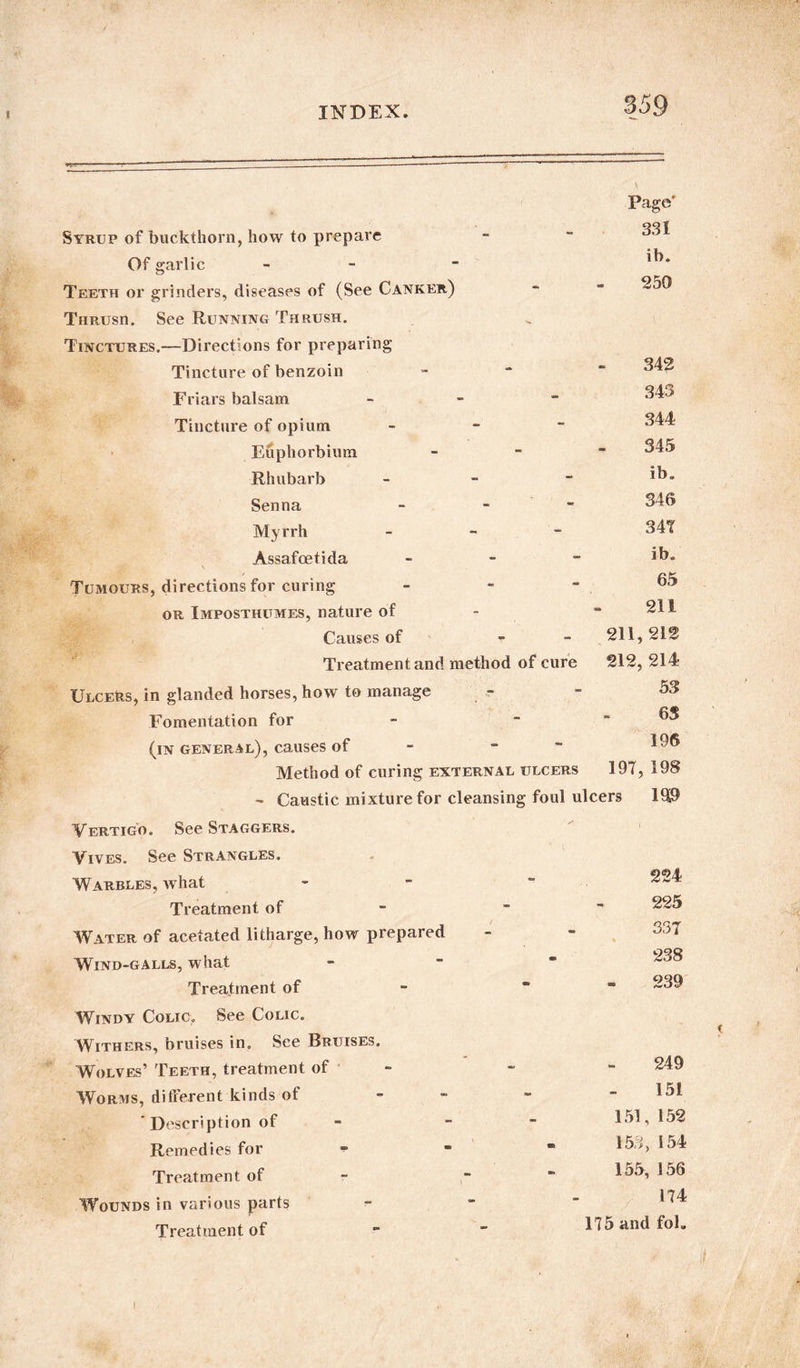 Page' Syrup of buckthorn, how to prepare Of garlic Teeth or grinders, diseases of (See Canker) Thrush. See Running Thrush. Tinctures.—Directions for preparing 331 ib. 250 Tincture of benzoin - Friars balsam - - 34-> Tincture of opium - 344 Euphorbium - 345 Rhubarb - - - *5- Senna - 346 Myrrh - - - 341 Assafoetida - - - ib* \ Tumours, directions for curing - - - ®5 or Imposthumes, nature of - - 211 Causes of - - 211,212 Treatment and method of cure 212, 214 Ulcers, in glanded horses, how to manage - - 53 Fomentation for - - - 65 (in general), causes of - ~ Method of curing external ulcers 197, 198 - Caustic mixture for cleansing foul ulcers 193 Vertigo. See Staggers. Vives. See Strangles. Warbles, w hat Treatment of 224 225 W'ater of acetated litharge, how prepared Wind-galls, what Treatment of Windy Colic. See Colic. Withers, bruises in. See Bruises. Wolves’ Teeth, treatment of Worms, different kinds of - 'Description of Remedies for Treatment of Wounds in various parts Treatment of 337 238 239 249 151 151, 152 153, 154 155, 156 174 175 and fol.