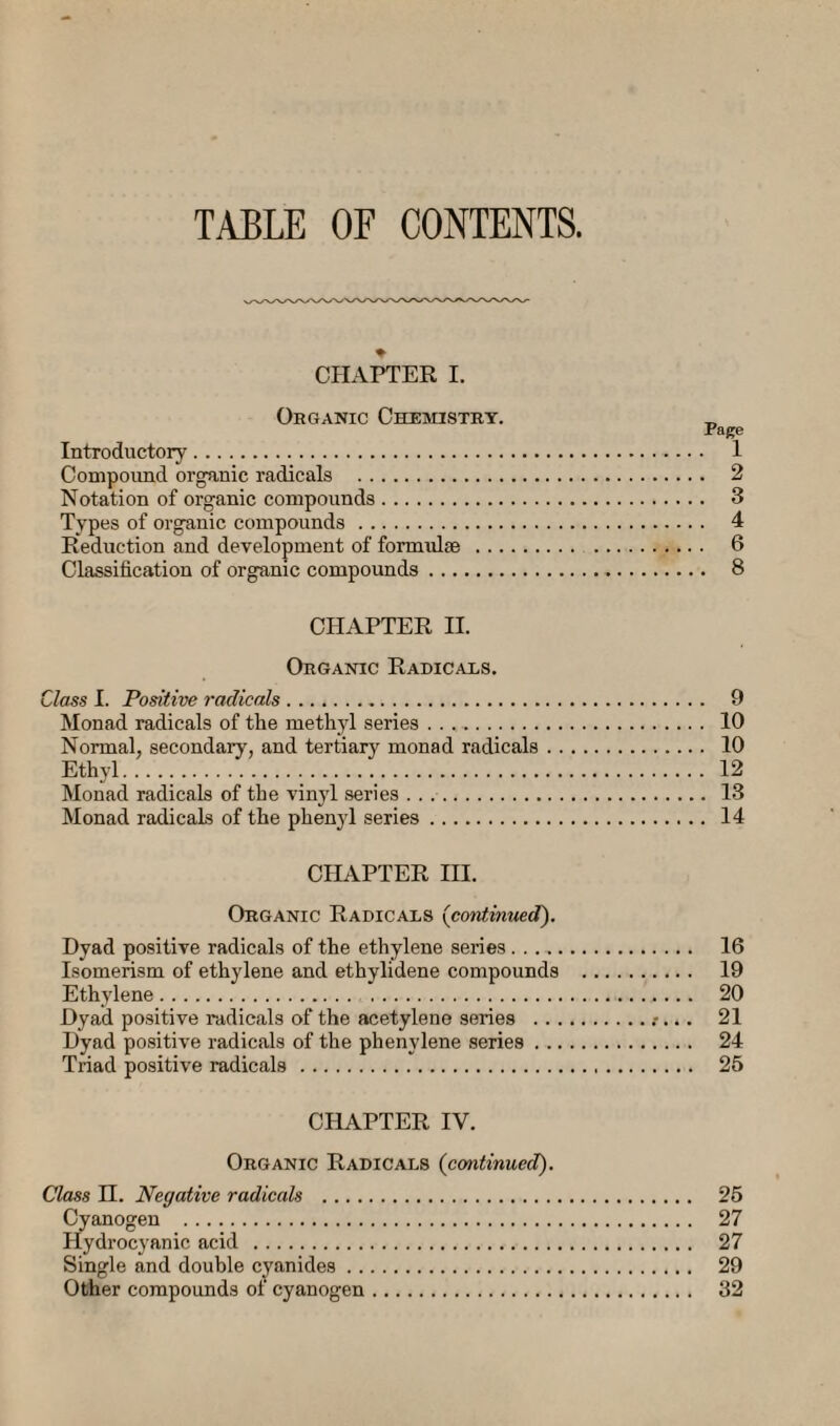 TABLE OF CONTENTS. CHAI^ER I. Organic Chemistry. Page Introductory. 1 Compound organic radicals . 2 Notation of organic compounds. 3 Types of organic compounds. 4 Reduction and development of formulae . . 6 Classification of organic compounds. 8 CHAPTER II. Organic Radicaes. Class I. Positive radicals. 9 Monad radicals of the methyl series .. 10 Normal, secondary, and tertiary monad radicals. 10 Ethyl. 12 Monad radicals of the vinyl series .. 13 Monad radicals of the phenyl series. 14 CHAPTER HI. Organic Radicals {continued). Dyad positive radicals of the ethylene series. 16 Isomerism of ethylene and ethylidene compounds . 19 Ethylene. 20 Dyad po.sitive radicals of the acetylene series ..•... 21 Dyad positive radicals of the phenylene series. 24 Triad positive radicals. 25 CHAPTER IV. Organic Radicals {continued). Class H. Negative radicals . 26 Cyanogen . 27 Hydrocyanic acid . 27 Single and double cyanides. 29 Other compounds of cyanogen. 32