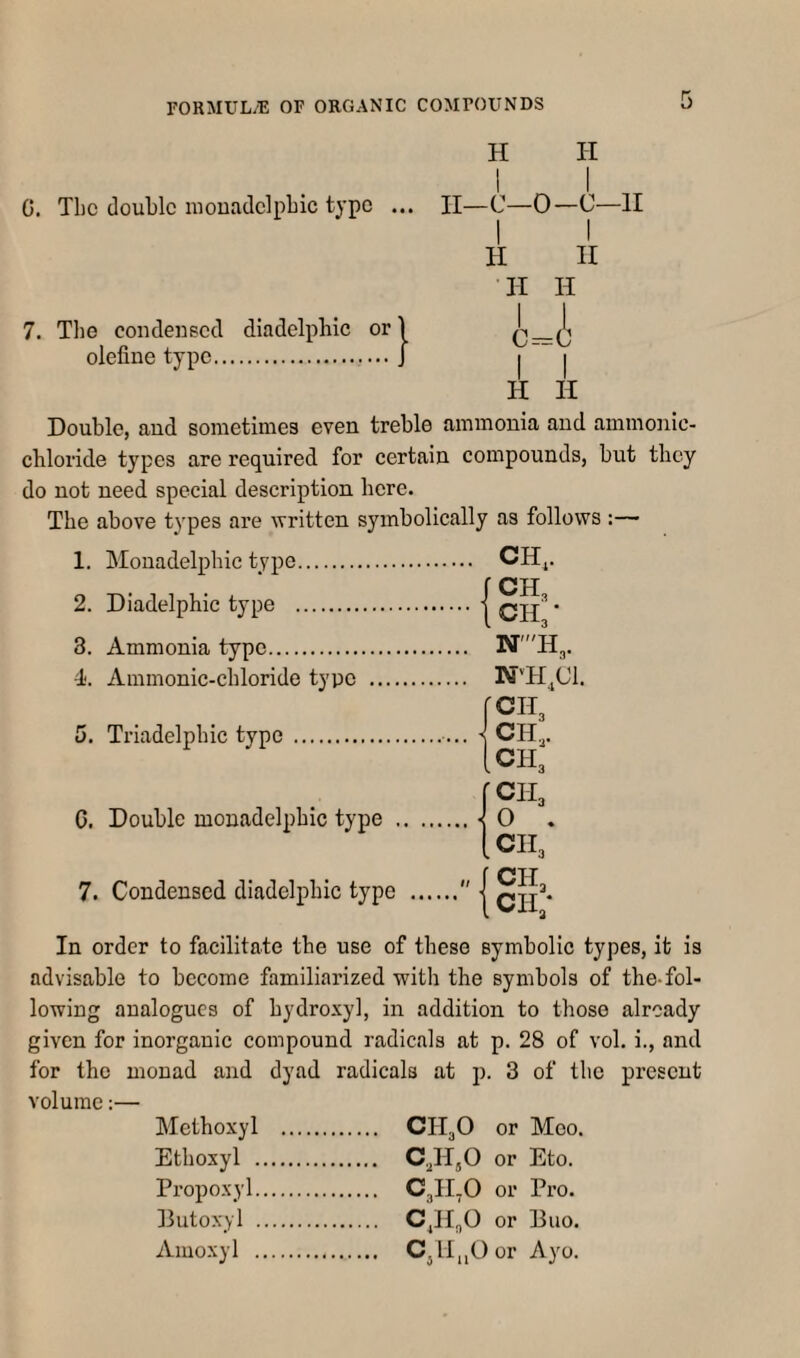 H li I I 0. Tlic double mouadclpliic type ... II—C—0—C—II H II •II H 7. The condensed diadelphic or 1 C—(I) olefine type.J | | H II Double, and sometimes even treble ammonia and ammoiiic- chloride types are required for certain compounds, but they do not need special description here. The above types are written symbolically as follows :— 1. Monadelphic type. 2. Diadelphic type . 3. Ammonia type. 4'. Ammonic-chloride typo .... 5. Triadelphic type . C. Double monadelphic type , 7. Condensed diadelphic type CH, jCH, ICH3* N'H3. N'H.Cl. CIT3 CH, CH, Icil. In order to facilitate the use of these symbolic types, it is advisable to become familiarized with the symbols of the-fol¬ lowing analogues of hydroxyl, in addition to those already given for inorganic compound radicals at p. 28 of vol. i., and for the monad and dyad radicals at p. 3 of the present volume:— Methoxyl . CH3O or Moo. Ethoxyl . C3H5O or Eto. Propoxyl. C3H3O or Pro. Putoxyl . C^H^O or Buo. Amoxyl . C^UuOor Ayo.