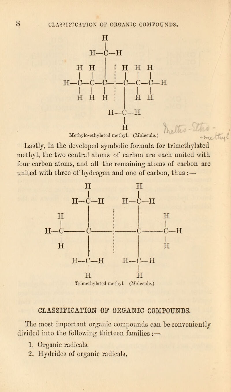 II H- ir H I I II—c—c—c— I I I II II H II ! II II II III C—C—C—II lU II—C—II II /r Methylo-cthylatcd mct’iyl. (Molecule.) Lastly, in the developed symbolic formula for trimethylated methyl, the two central atoms of carbon are each united Avith four carbon atoms, and all the remaining atoms of carbon are united with three of hydrogen and one of carbon, thus :— II I II—C- I II H I II—C-II -C- H I II—C—II -c- II—C—II II I -C—II I II II—C—II I H Ti'imcthylntccl mot'iy). (Molecule.) II CLASSIFICATION OP OKGANIC COMPOUNDS. The most important organic compounds can bo conveniently divided into the following thirteen families :— 1. Organic radicals. 2. Hydrides of organic radicals.