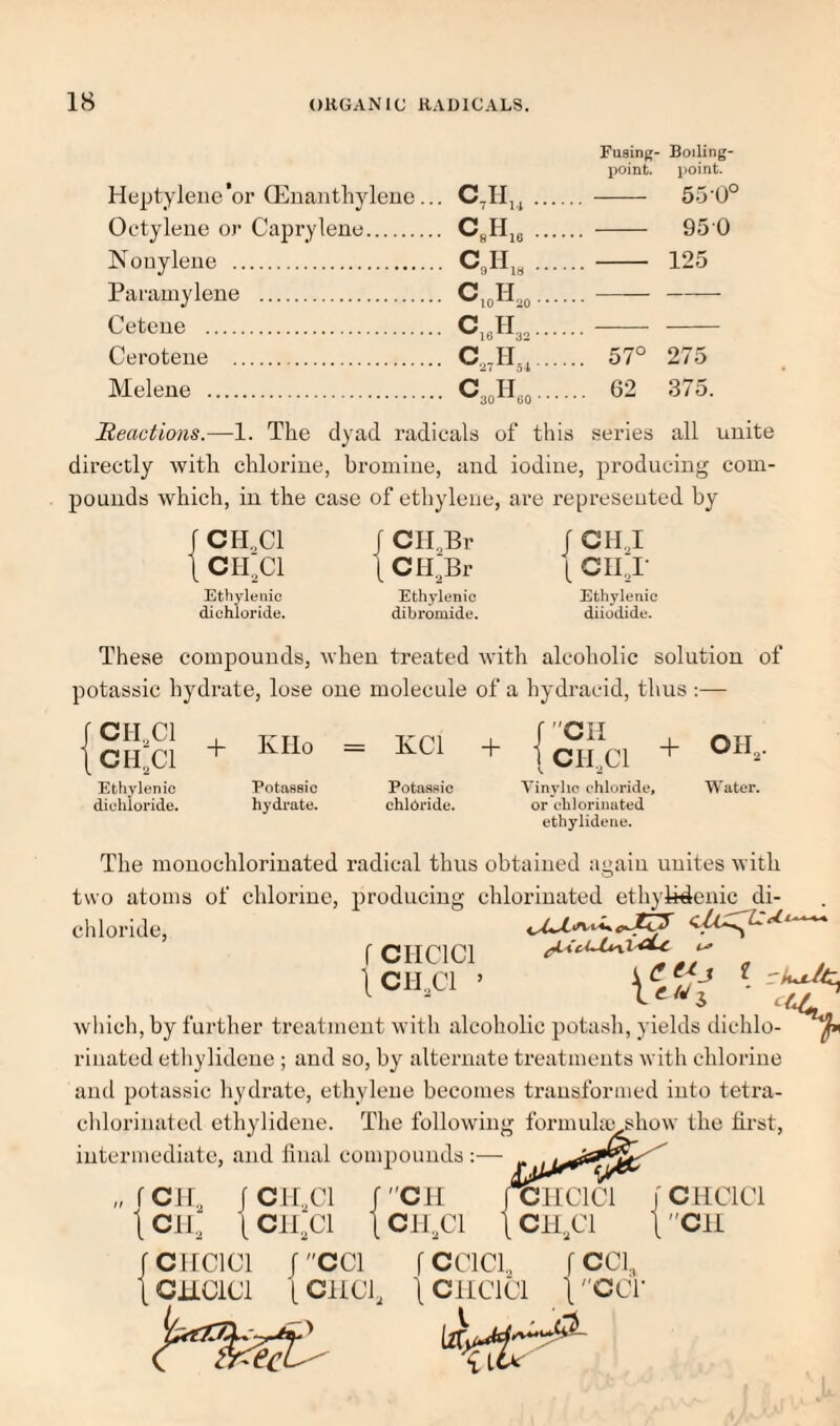 Heptylene’or CEnanthyleue.. . .... Fusing- l)Oint. Boiling- point. 55 0° Oetylene or Caprylene. . .... 950 IS' ouyleue . C,II, ... 125 Paramylene . — Ceteue . • c,ji,,.... Cerotene . . C.,JL,.... ... 57° 275 Melene . C H • • • • ... 62 375. Reactions.—1. The dyad radicals of this series all unite directly with chlorine, hronune, and iodine, producing com¬ pounds which, in the case of ethylene, are represented by CII,C1 cii;ci Ethylenic dichloride. CII.,Br CH'Br Ethylenic dibromide. / CHJ [ ciij- Ethylenic diiodide. These compounds, when treated with alcoholic solution of potassic hydrate, lose one molecule of a hydracid, thus :— + KHo = KCl -f j^fci + Ethylenic Potassic Potassic Vinylic chloride. Water, dichioride. h^'di’ate. chloride. or chlorinated ethylidene. CH.Cl CM^Cl The mouochloriuated radical thus obtained again unites with two atoms of chlorine, producing chlorinated ethyii4enic di¬ chloride, f CIICICI ICHXl ’ t - which, by further treatment with alcoholic potash, yields dichlo- rinated etliylideue ; and so, by alternate treatments with chlorine and potassic liydrate, ethylene becomes transformed into tetra- chlorinated ethylidene. The following formukiushow the hrst, intermediate, and linal compounds :— „ fcir, jcir.ci icii, iCll.Cl jcircici jcci 1 CUCiCl [ CliCl, /''ClI j^ncici j CHCICI 1 cipci 1 CH^Cl t Cli f ccici.. f cci, 1 cncici 1 ccr 0-