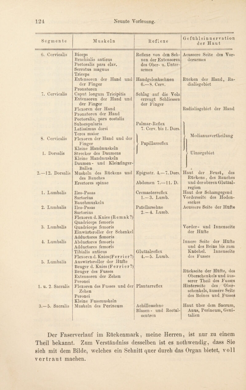 Segmente Muskeln Reflexe Gef Uhlsinnervation der Haut G. Cervicalis 7. Cervicalis 8. Cervicalis 1. Dorsalis 2.—12. Dorsalis 1. Lumbalis 2. Lumbalis 3. Lumbalis 4. Lumbalis 5. Lumbalis 1. u. 2. Sacralis 3.— 5. Sacralis Biceps Brachialis anticus Pectoralis pars clav. Serratus magnus Triceps Extensoren der Hand und der Finger Pronatoren Caput longum Tricipitis Extensoren der Hand und der Finger Flexoren der Hand Pronatoren der Hand Pectoralis, pars costalis Subscapularis Latissimus dorsi Teres maior Flexoren der Hand und der Finger Kleine Handmuskeln Strecker des Daumens Kleine Handmuskeln Daumen- und Kleinfinger- Ballen Muskeln des Rückens und des Bauches Erectores spinae Ileo-Psoas Sartorius Bauchmuskeln Ileo-Psoas Sartorius Flexoren d. Knies (Remak?) Quadriceps femoris Quadriceps femoris Einwärtsroller der Schenkel Adductores femoris Abductores femoris Adductores femoris Tibialis anticus Flexorend. Knies(Ferrier?) Auswärtsroller der Hüfte Beuger d. Knies (F e r r i e r ?) Beuger des Fusses Extensoren der Zehen Peronei Flexoren des Fusses und der Zehen Peronei Kleine Fussmuskeln Muskeln des Perineum Reflexe von den Seh¬ nen der Extensoren des Ober- u. Unter¬ armes Handgelenksehnen 6.—8. Cerv. Schlag auf die Vola erzeugt Schliessen der Finger Palmar-Reflex 7. Cerv. bis 1. Dors. Papillarreflex Epigastr. 4.—7. Dors. Abdomen 7.—11. D. Cremasterreflex 1. —3. Lumb. Patellarsehne 2. -4. Lumb. Glutäalreflex 4.—5. Lumb. Plantarreflex Achillessehne Blasen- und Rectal- centren Aeussere Seite des Vor¬ derarmes Rücken der Hand, Ra- dialisgebiet Radialisgebiet der Hand > Medianusvertheilung > Ulnargebiet Haut der Brust, des Rückens, des Bauches und der oberen Glutäal- region Haut der Schamgegend Vorderseite des Hoden¬ sackes Aeussere Seite der Hüfte Vorder- und Innenseite der Hüfte Innere Seite der Hüfte und des Beins bis zum Knöchel. Innenseite des Fusses Rückseite der Hüfte, des Oberschenkels und äus¬ serer Theil des Fusses Hinterseite des /Ufber- schenkels, äussere Seite des Beines und Fusses Haut über dem Sacrum, Anus, Perineum, Geni¬ talien Der Faserverlauf im Kückenmark, meine Herren, ist nur zu einem Theil bekannt. Zum Verständniss desselben ist es notbwendig, dass Sie sich mit dem Bilde, welches ein Schnitt quer durch das Organ bietet, voll vertraut machen.