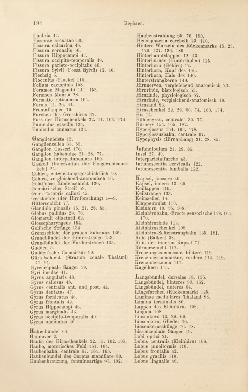 Fimbria 47. Fissurae arcuatae 50. Fissura calcarina 46. Fissura coronalis 56. Fissura Hippocampi 47. Fissura occipito-temporalis 49. Fissura parieto-occipitalis 46. Fissura Sylvii (Fossa Sylvii) 12. 40. Flechsig 6. Flocculus (Flocke) 110. Folium cacuminis 108. Foramen Magendii 111. 153. Foramen Monroi 28. Formatio reticularis 164. Fornix 11. 26. 44. Frontallappen 19. Furchen des Grosshirns 32. Fuss des Hirnschenkels 22. 74. 103. 174. Funiculus gracilis 134. Funiculus cuneatus 134. (xanglienleiste 15. Ganglienzellen 33. 55. Ganglion Gasseri 170. Ganglion habenulae 21. 28. 77. Ganglion interpedunculare 100. Gaskeil (Innervation der Eingeweidemus¬ keln) 24. Gehirn, entwickiungsgeschichtlich 10. Gehirus-wergleichend-anatomisch 16. Gelatinöse^/Rindenschicht 130. Gennari’scher Streif 59. Genu Cokperis callosi 45. Geschichte/(der Hirnforschung) 1—9. Gitterschicht 77. Glandula pinealis 15. 21. 28. 83. Globus pallidus 29. 76. Glomeruli olfactorii 62. Glossopharyngeus 154. G oll’sehe Stränge 134. Grenzschicht der grauen Substanz 136. Grundbündel der Hinterstränge 133. Grundbündel der Yorderstränge 135. Gudden 5. Gudden’sche Commissur 90. Gürtelschicht (Stratum zonale Thalami) 77. 91. Gyrencephale Säuger 19. Gyri insulae 41. Gyrus angularis 43. Gyrus callosus 48. Gyrus centralis ant. und post. 42. Gyrus dentatus 47. Gyrus fornicatus 46. Gyrus frontalis 42. Gyrus Hippocampi 46. Gyrus marginalis 43. Gyrus occipito-temporalis 49. Gyrus uncinatus 46. Hakenbündel 64. Hannover 2. Haube des Hirnschenkels 22. 75. 102. 105. Haube, motorisches Feld 161. 164. Haubenbahn, centrale 67. 161. 163. Haubenbündel des Corpus mamillare 80. Haubenkreuzung, fontaineartige 97. 102. Haubenstrahlung 65. 76. 180. Hemisphaeria cerebelli 23. 110. Hintere Wurzeln des Rückenmarks 15. 23. 120. 127. 136. 180. Hinterhauptslappen 12 43. Hinterhörner (Hintersäulen) 125. Hinterhorn (Gehirn) 12. Hinterhorn, Kopf des 146. Hinterhorn, Hals des 146. Hinterstrangkerne 149. Hirnnerven, vergleichend anatomisch 23. Hirnrinde, histologisch 55. Hirnrinde, physiologisch 52. Hirnrinde, vergleichend-anatomisch 19. Hirnsand 83. Hirnschenkel 22. 29. 60. 74. 103. 174. His 14. Höhlengrau, centrales 30. 77. Hörnerv 154. 165. 182. Hypoglossus 154. 163. 178. Hypoglossusbahn, centrale 67. Hypophysis (Hirnanhang) 21. 28. 85. Infundibulum 21. 28. 85. Insel 27. 40. Interparietalfurche 43. Intumescentia cervicalis 122. Intumescentia lumbalis 122. Kapsel, äussere 30. Kapsel, innere 13. 69. Keillappen 110. Keilstränge 133. Keimzellen 14. Klappenwulst 110. Kleinhirn 10. 16. 108. Kleinhirnbahn, directe sensorische 118.164. 170. Kleinhirnrinde 112. Kleinhirnschenkel 108. Kleinhirn-Seitenstrangbahn 135. 181. Knie (Balken) 38. Knie der inneren Kapsel 71. Körnerschicht 112. Kreuzungscommissur, hintere 119. Kreuzungscommissur, vordere 114. 119. Kreuzungszonen 117. Kugelkern 115. -Längsbündel, dorsales 78. 156. Längsbündel, hinteres 99. 162. Längsbündel, unteres 64. Längsfurchen (Rückenmark) 125. Laminae medulläres Thalami 88. Lamina terminalis 86. Lappen des Kleinhirns 108. Lingula 108. Linsenkern 13. 29. 69. Linsenkern, Glieder 76. Linsenkernschlinge 76. 78. Lissencephale Säuger 19. Lobi optici 21. Lobus centralis (Kleinhirn) 108. Lobus cuneiformis 110. Lobus frontalis 42. Lobus gracilis 110. Lobus lingualis 46.