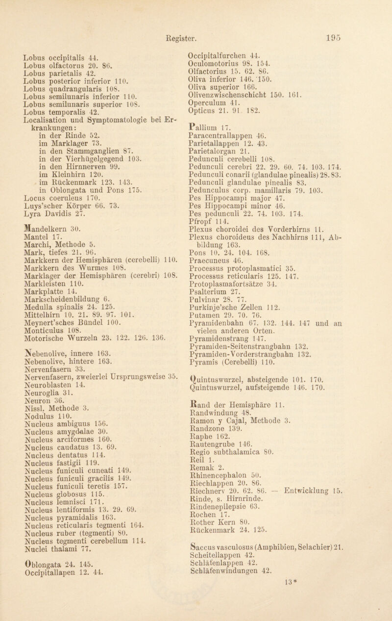 Lobus occipitalis 44. Lobus olfactorus 20. 86. Lobus parietalis 42. Lobus posterior inferior 110. Lobus quadrangularis 108. Lobus semilunaris inferior 110. Lobus semilunaris superior 108. Lobus temporalis 42. Localisation und Symptomatologie bei Er¬ krankungen : in der Rinde 52. im Marklager 73. in den Stammganglien 87. in der Yierhügelgegend 103. in den Hirnnerven 99. im Kleinhirn 120. im Rückenmark 123. 143. in Oblongata und Pons 175. Locus coeruleus 170. Luys’scher Körper 66. 73. Lyra Davidis 27. Mandelkern 30. Mantel 17. Marchi, Methode 5. Mark, tiefes 21. 96. Markkern der Hemisphären (cerebelli) 110. Markkern des Wurmes 108. Marklager der Hemisphären (cerebri) 108. Markleisten 110. Markplatte 14. Markscheidenbildung 6. Medulla spinalis 24. 125. Mittelhirn 10. 21. 89. 97. 101. Meynert’sches Bündel 100. Monticulus 108. Motorische Wurzeln 23. 122. 126. 136. Nebenolive, innere 163. Nebenolive, hintere 163. Nervenfasern 33. Nervenfasern, zweierlei Ursprungsweise 35. Neuroblasten 14. Neuroglia 31. Neuron 36. Nissl, Methode 3. Nodulus 110. Nucleus ambiguus 156. Nucleus amygd-alae 30. Nucleus arciformes 160. Nucleus caudatus 13. 69. Nucleus dentatus 114. Nucleus fastigii 119. Nucleus funiculi cuneati 149. Nucleus funiculi gracilis 149. Nucleus funiculi teretis 157. Nucleus globosus 115. Nucleus lemnisci 171. Nucleus lentiformis 13. 29. 69. Nucleus pyramidalis 163. Nucleus reticularis tegmenti 164. Nucleus ruber (tegmenti) 80. Nucleus tegmenti cerebellum 114. Nuclei thalami 77. Oblongata 24. 145. Occipitallapen 12. 44. Occipitalfurchen 44. Oculomotorius 98. 154. Olfactorius 15. 62. 86. Oliva inferior 146. 150. Oliva superior 166. Olivenzwischenschicht 150. 161. Operculum 41. Opticus 21. 91 182. Pallium 17. Paracentrallappen 46. Parietallappen 12. 43. Parietalorgan 21. Pedunculi cerebelli 108. Pedunculi cerebri 22. 29. 60. 74. 103. 174. Pedunculi conarii (glandulae pinealis) 28.83. Pedunculi glandulae pinealis 83. Pedunculus corp. mamillaris 79. 103. Pes Hippocampi major 47. Pes Hippocampi minor 46. Pes pedunculi 22. 74. 103. 174. Pfropf 114. Plexus choroidei des Yorderhirns 11. Plexus choroideus des Nachhirns 111, Ab¬ bildung 163. Pons 10. 24. 104. 168. Praecuneus 46. Processus protoplasmatici 35. Processus reticularis 125. 147. Protoplasmafortsätze 34. Psalterium 27. Pulvinar 28. 77. Purkinje’sche Zellen 112. Putamen 29. 70. 76. Pyramidenbahn 67. 132. 144. 147 und an vielen anderen Orten. Pyramidenstrang 147. Pyramiden-Seitenstrangbahn 132. Pyramiden-Vorderstrangbahn 132. Pyramis (Cerebelli) 110. i^uintuswurzel, absteigende 101. 170. Quintuswurzel, aufsteigende 146. 170. Rand der Hemisphäre 11. Randwindung 48. Ramon y Cajal, Methode 3. Randzone 139. Raphe 162. Rautengrube 146. Regio subthalamica 80. Reil 1. Remak 2. Rhinencephalon 50. Riechlappen 20. 86. Riechnerv 20. 62. 86. — Entwicklung 15. Rinde, s. Hirnrinde. Rindenepilepsie 63. Rochen 17. Rother Kern 80. Rückenmark 24. 125. Saccus vasculosus (Amphibien, Selachier) 21. Scheitellappen 42. Schläfenlappen 42. Schläfenwindungen 42. 13*